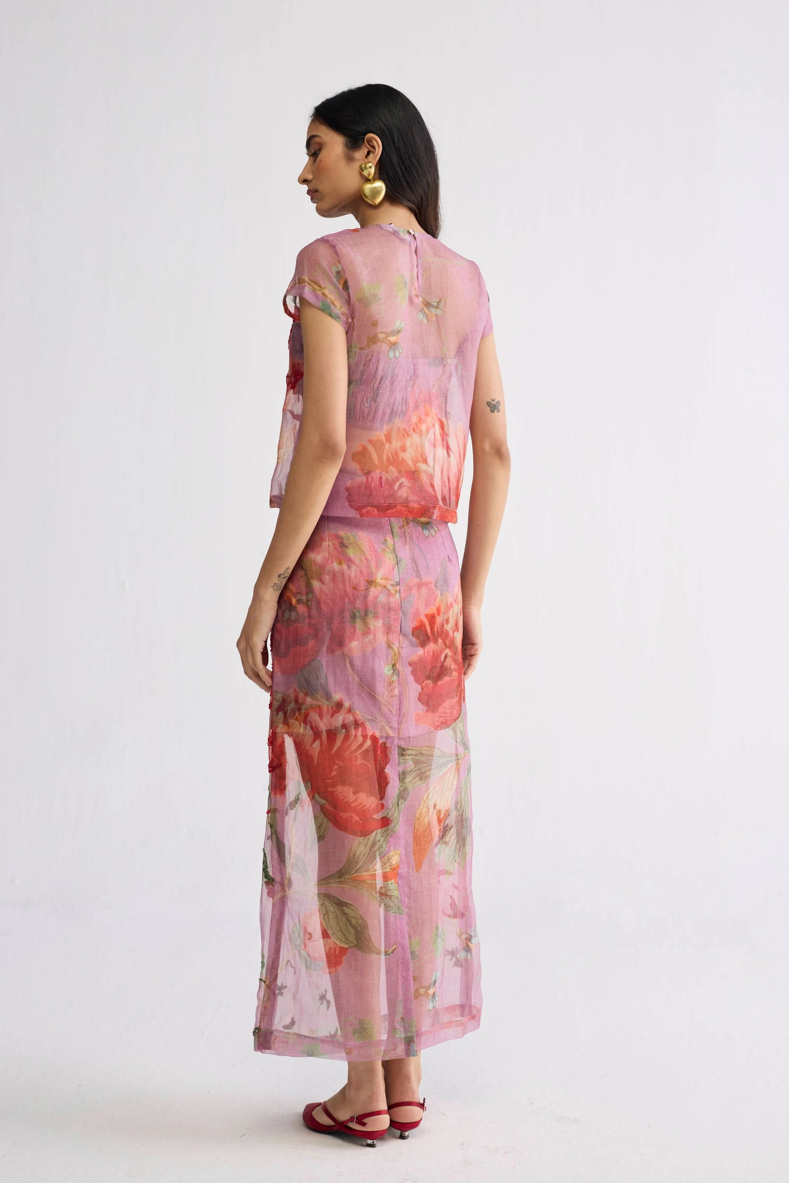 Berry Embroidered Organza Top & Skirt Set