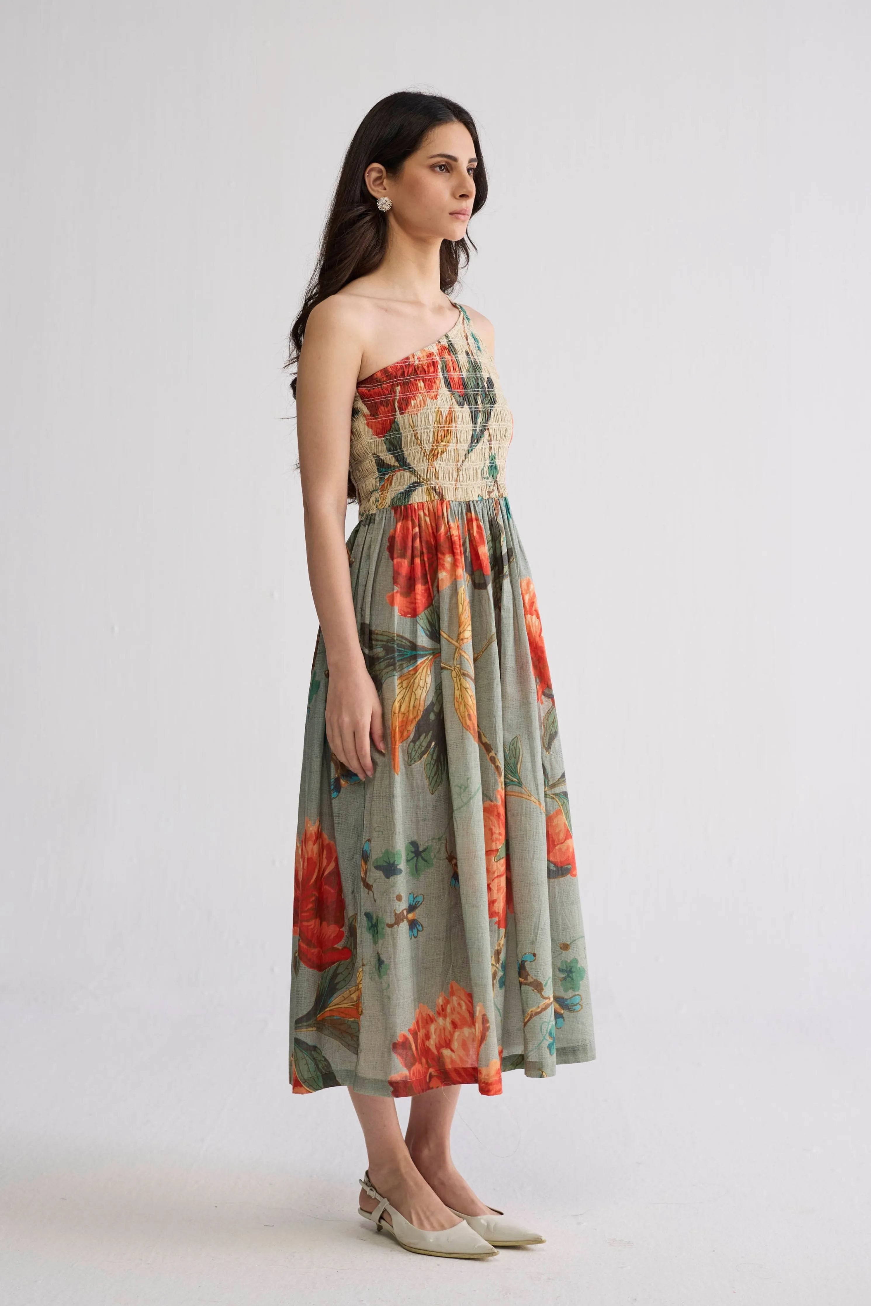 Cabbage Rose Smocked One Shoulder Dress