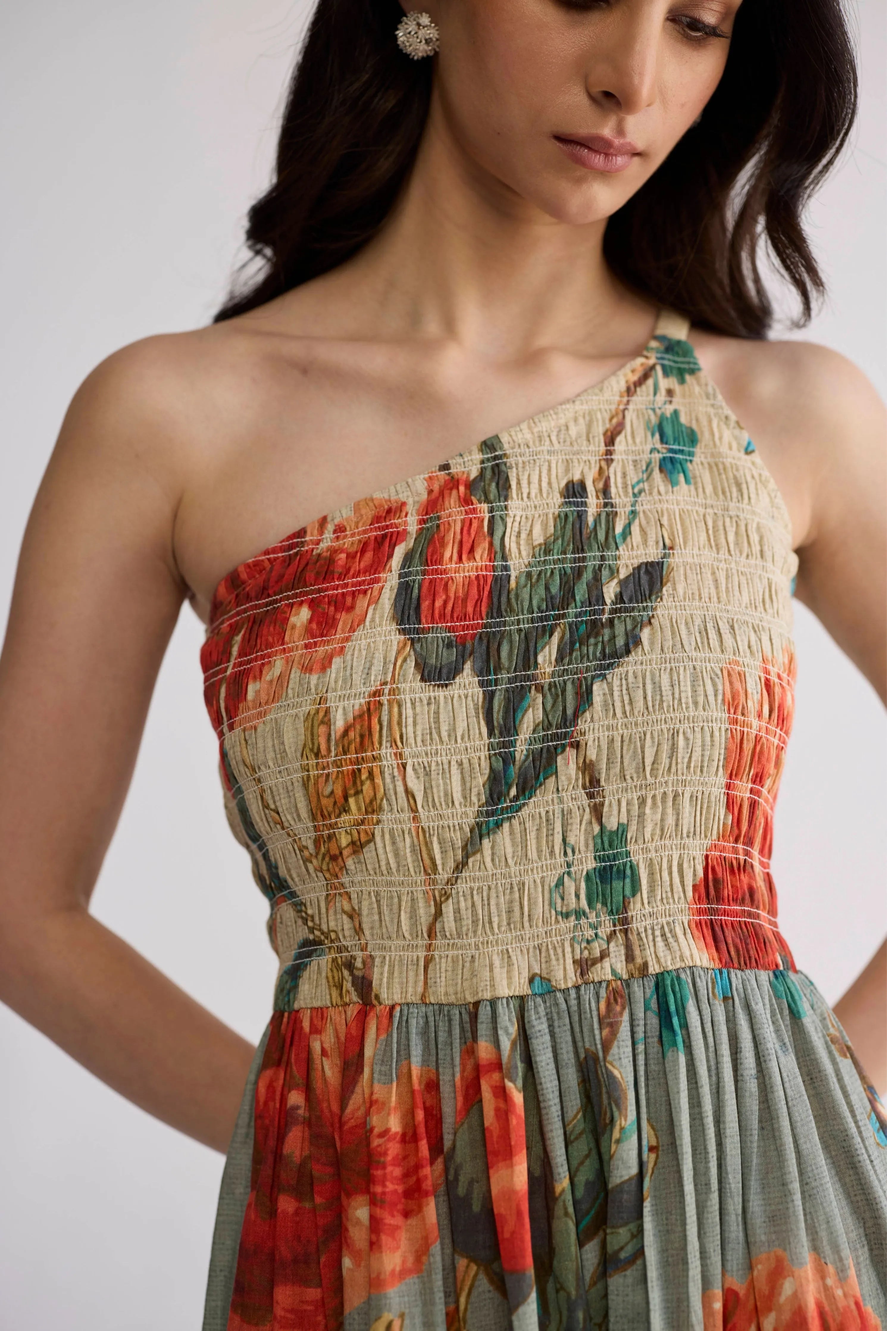 Cabbage Rose Smocked One Shoulder Dress