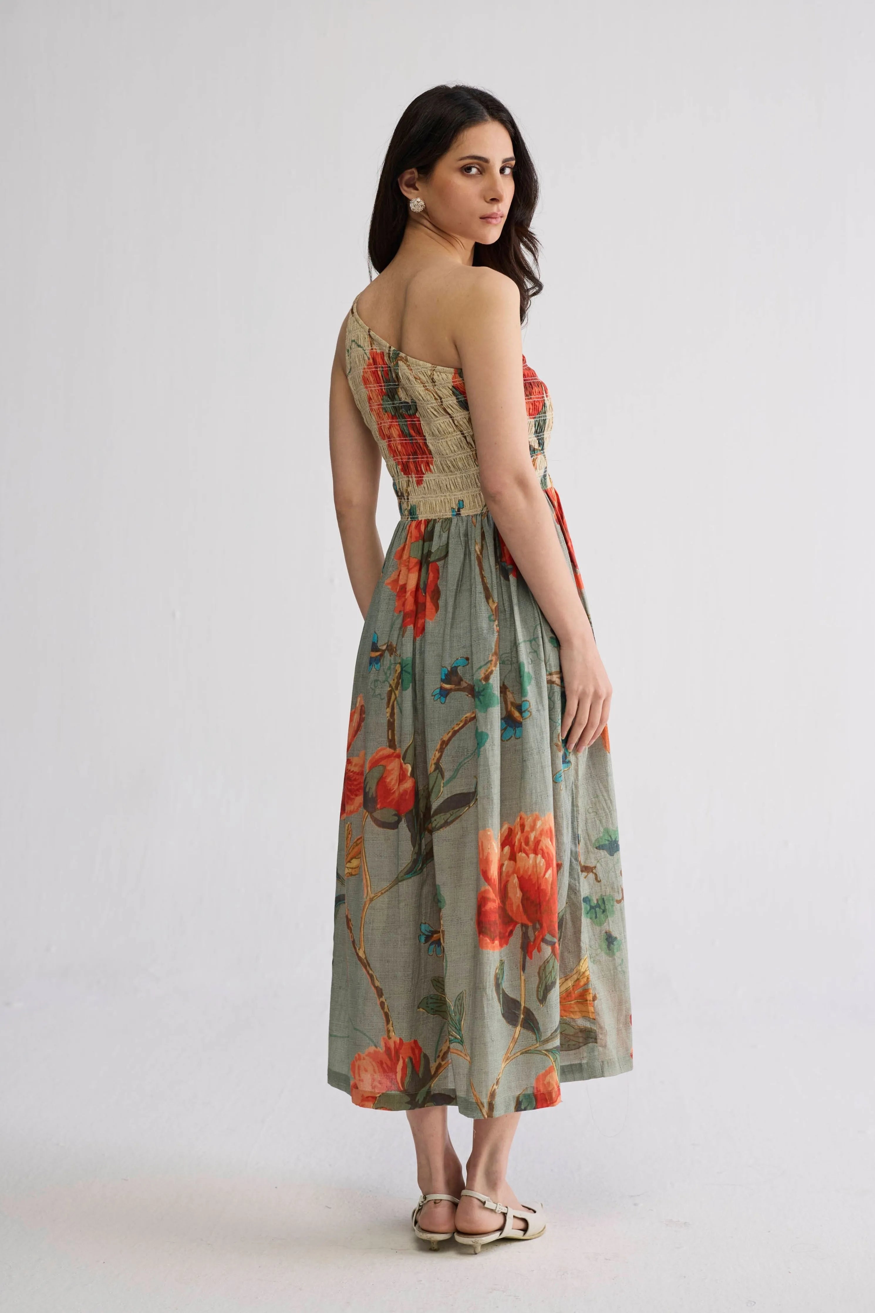 Cabbage Rose Smocked One Shoulder Dress