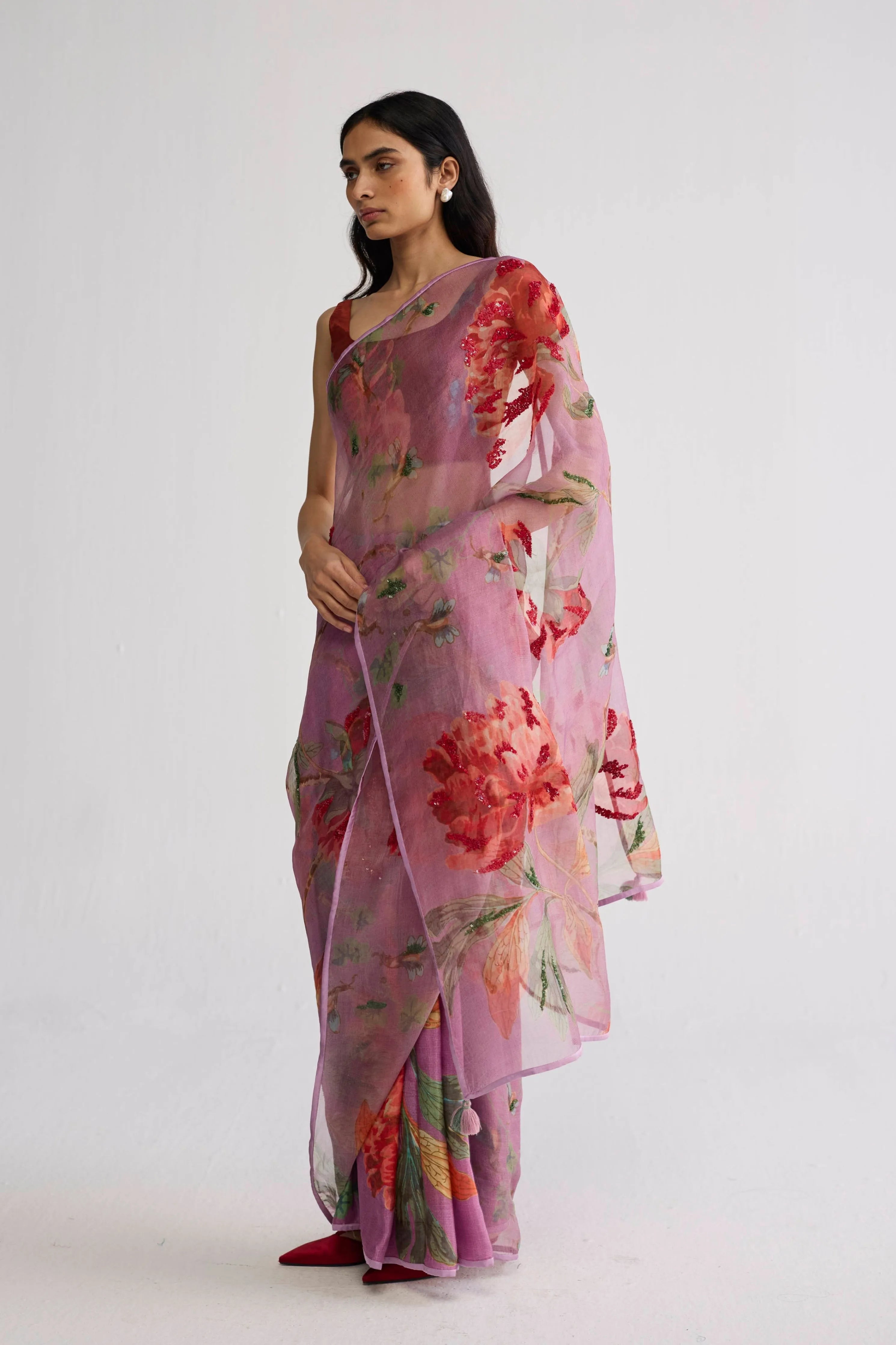 Berry Embroidered Silk & Organza Saree