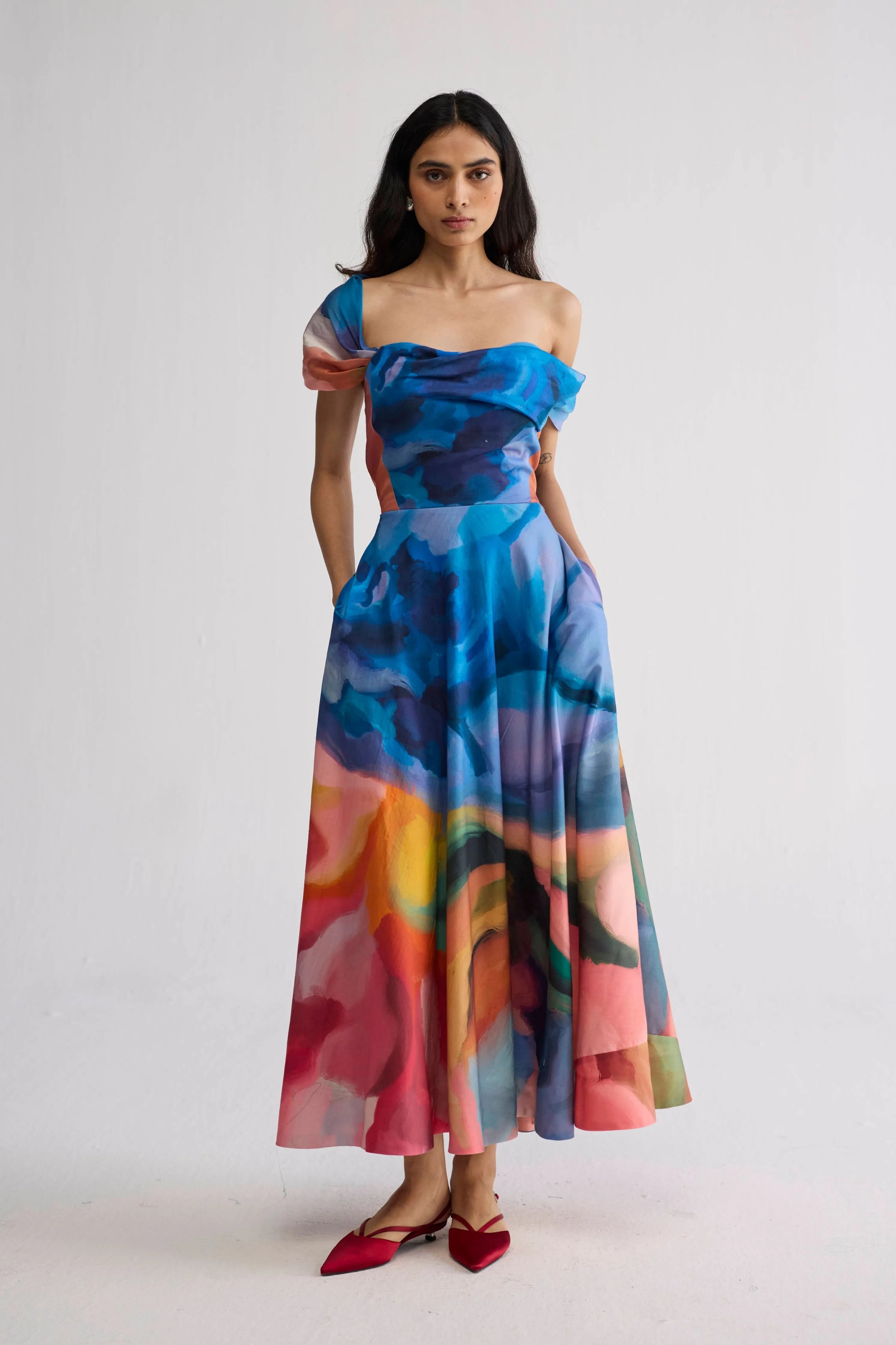 Rainbow Garden Draped Off Shoulder Dress