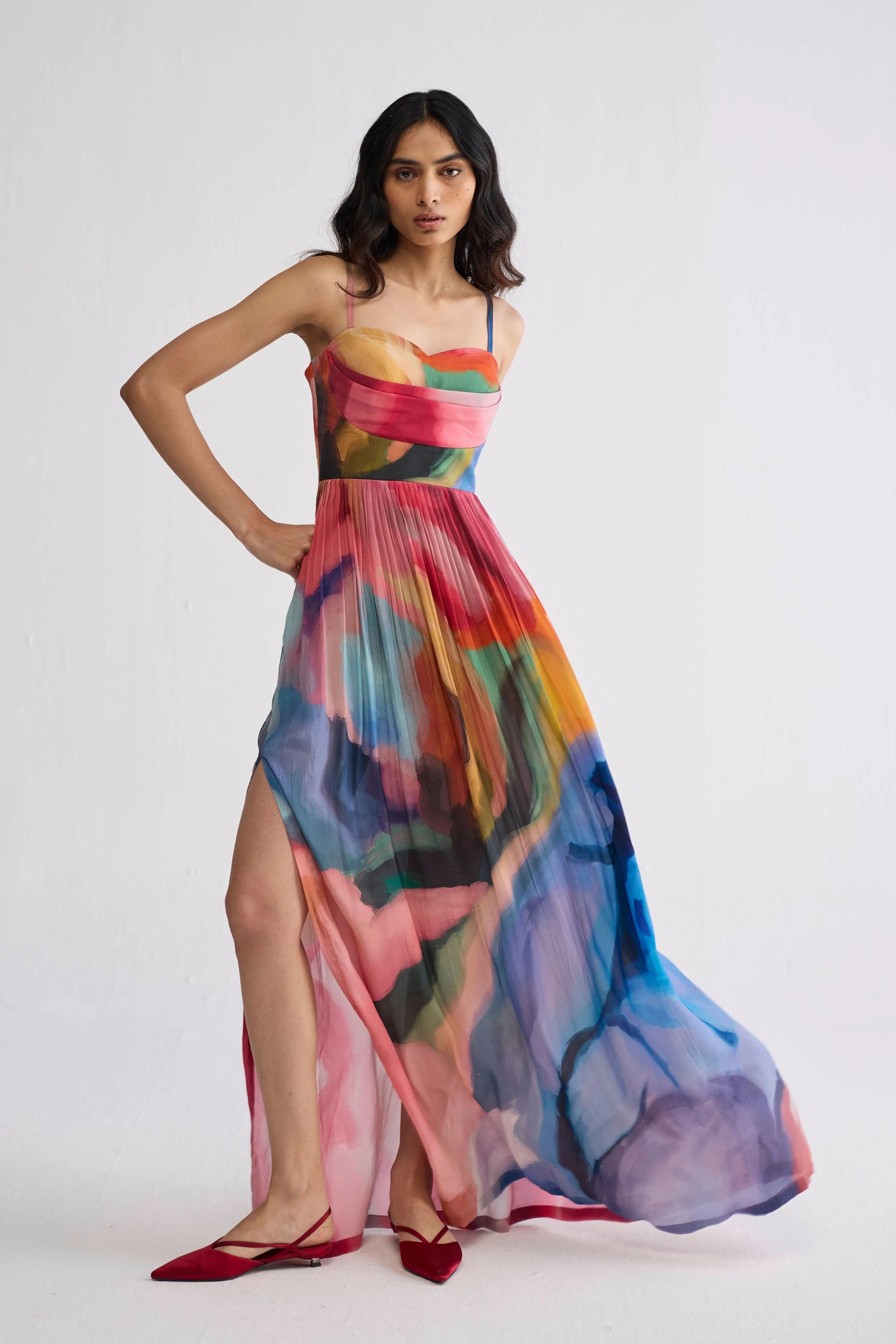 Rainbow Garden Crepe Cowl Bralette Dress