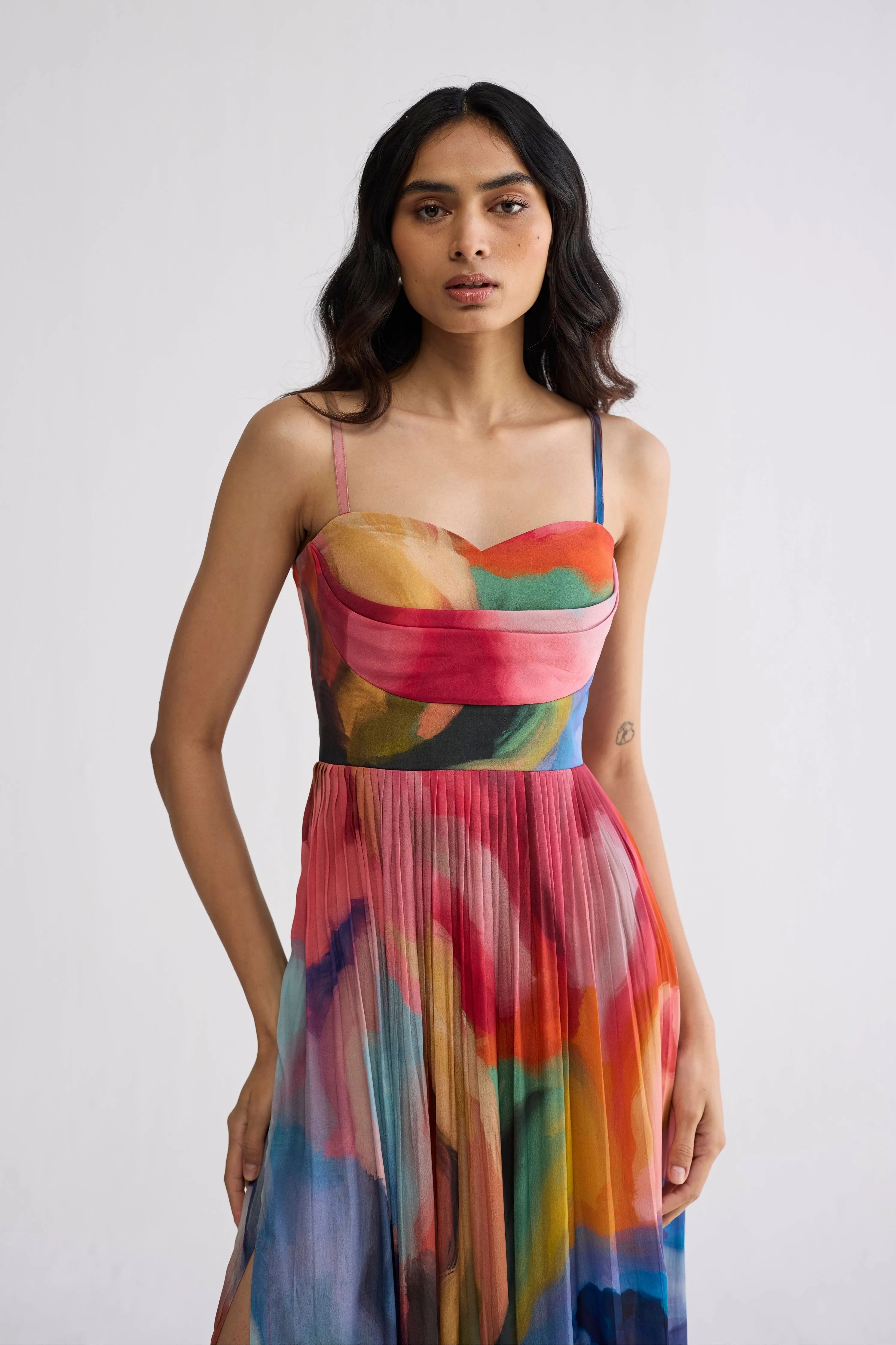 Rainbow Garden Crepe Cowl Bralette Dress