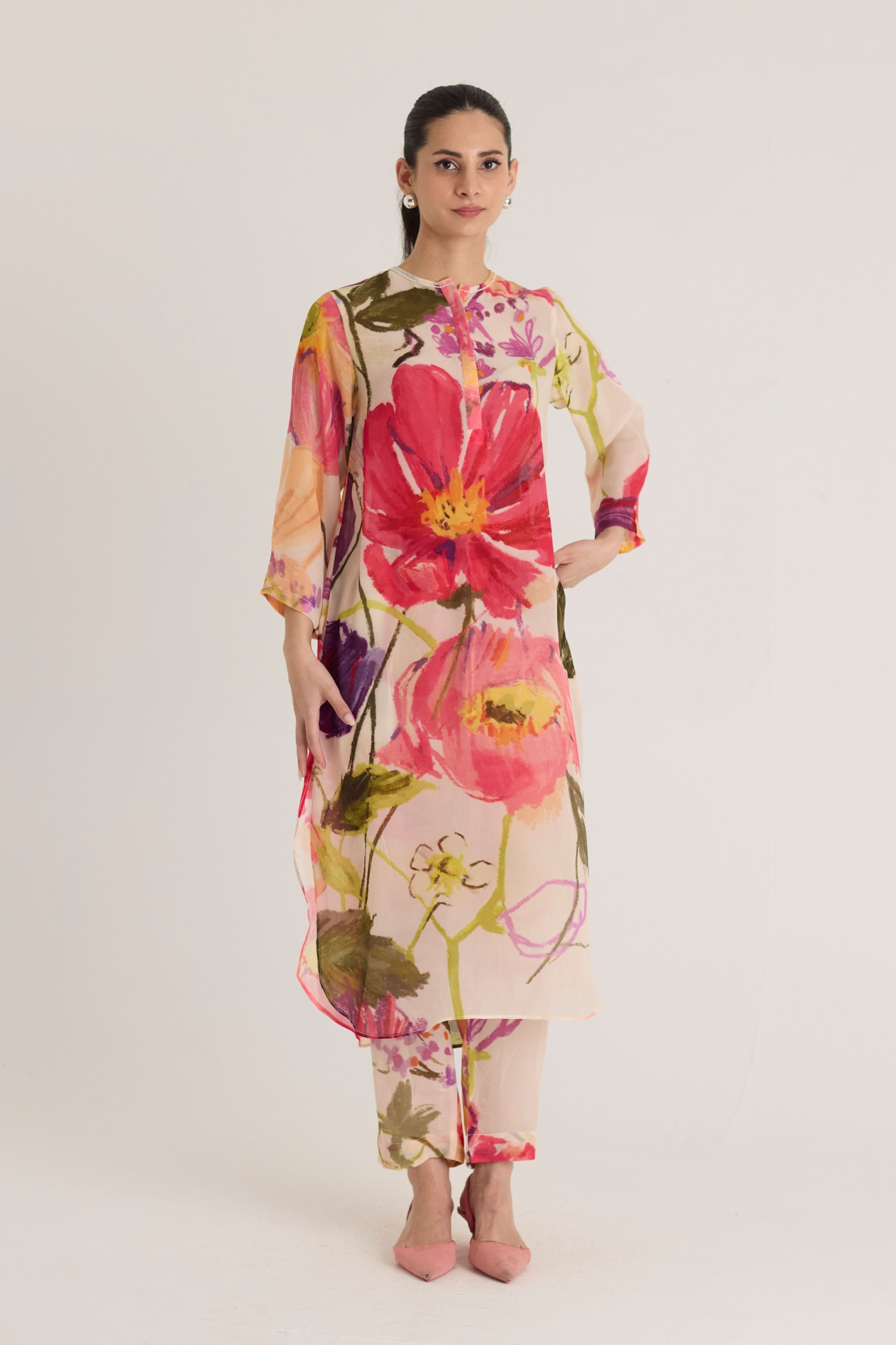 Dolly White Crepe Long Kurta Set