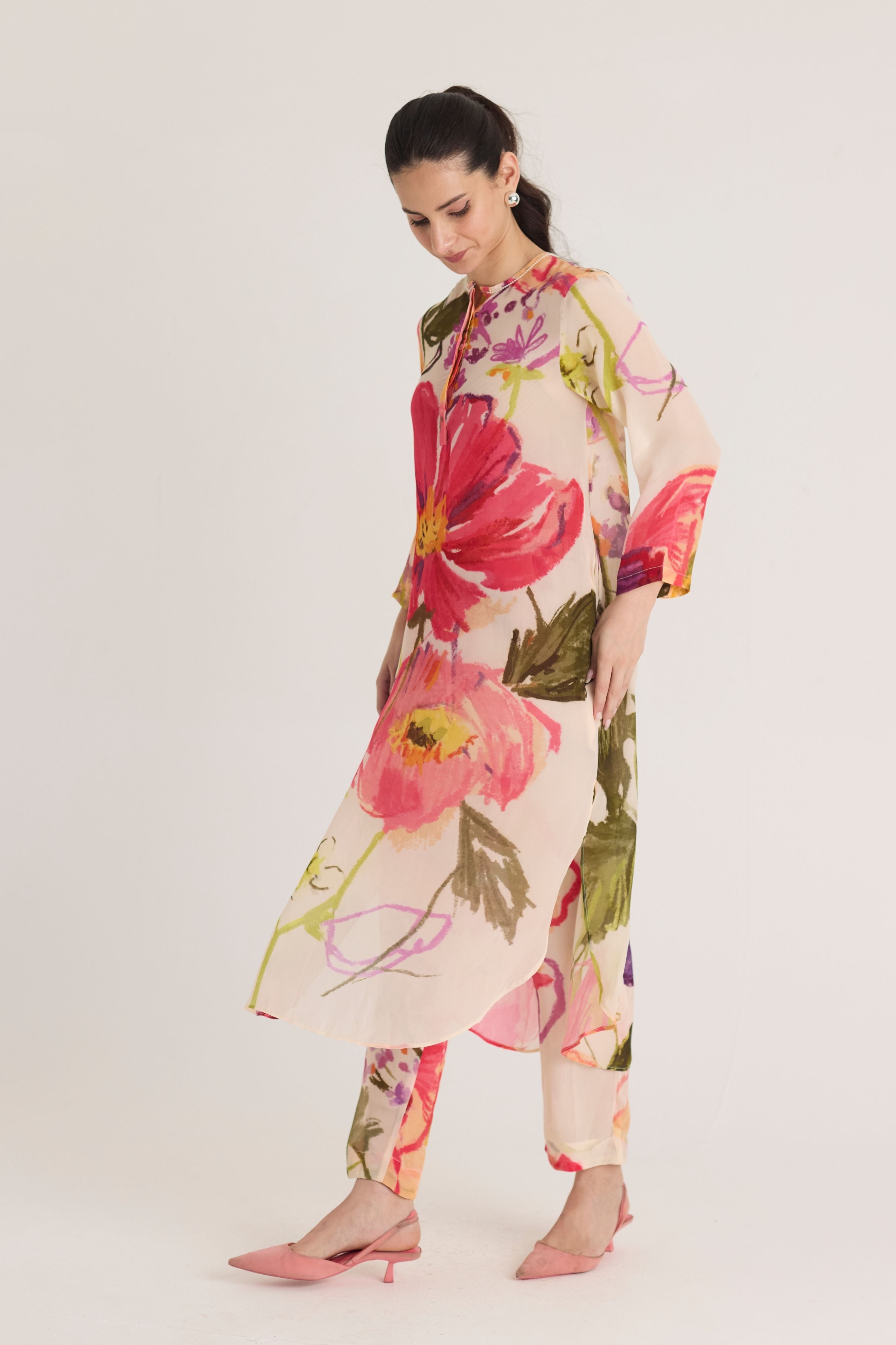 Dolly White Crepe Long Kurta Set