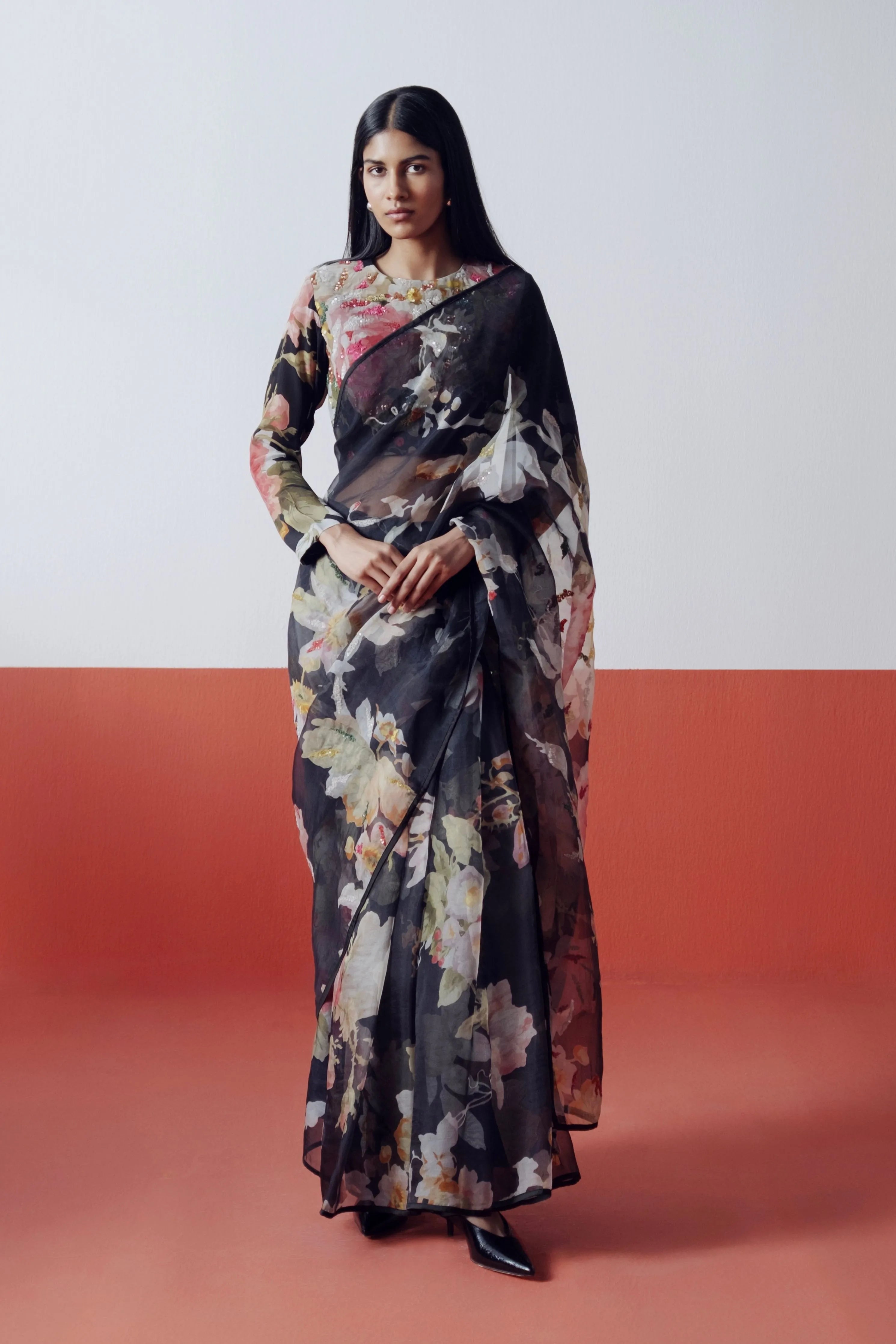 Carmine Embroidered Saree