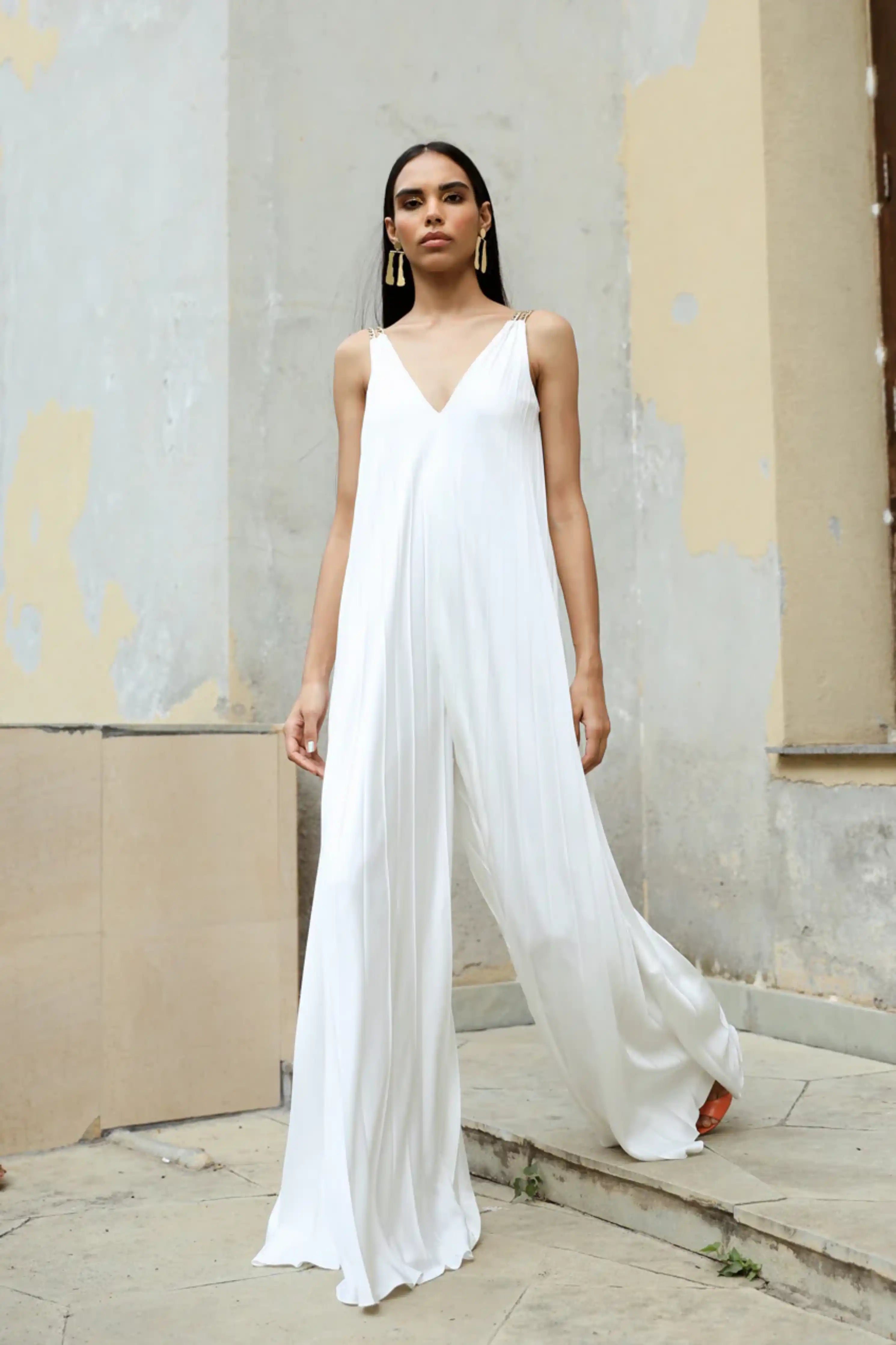 White Flowy Pleated Jumpsuit