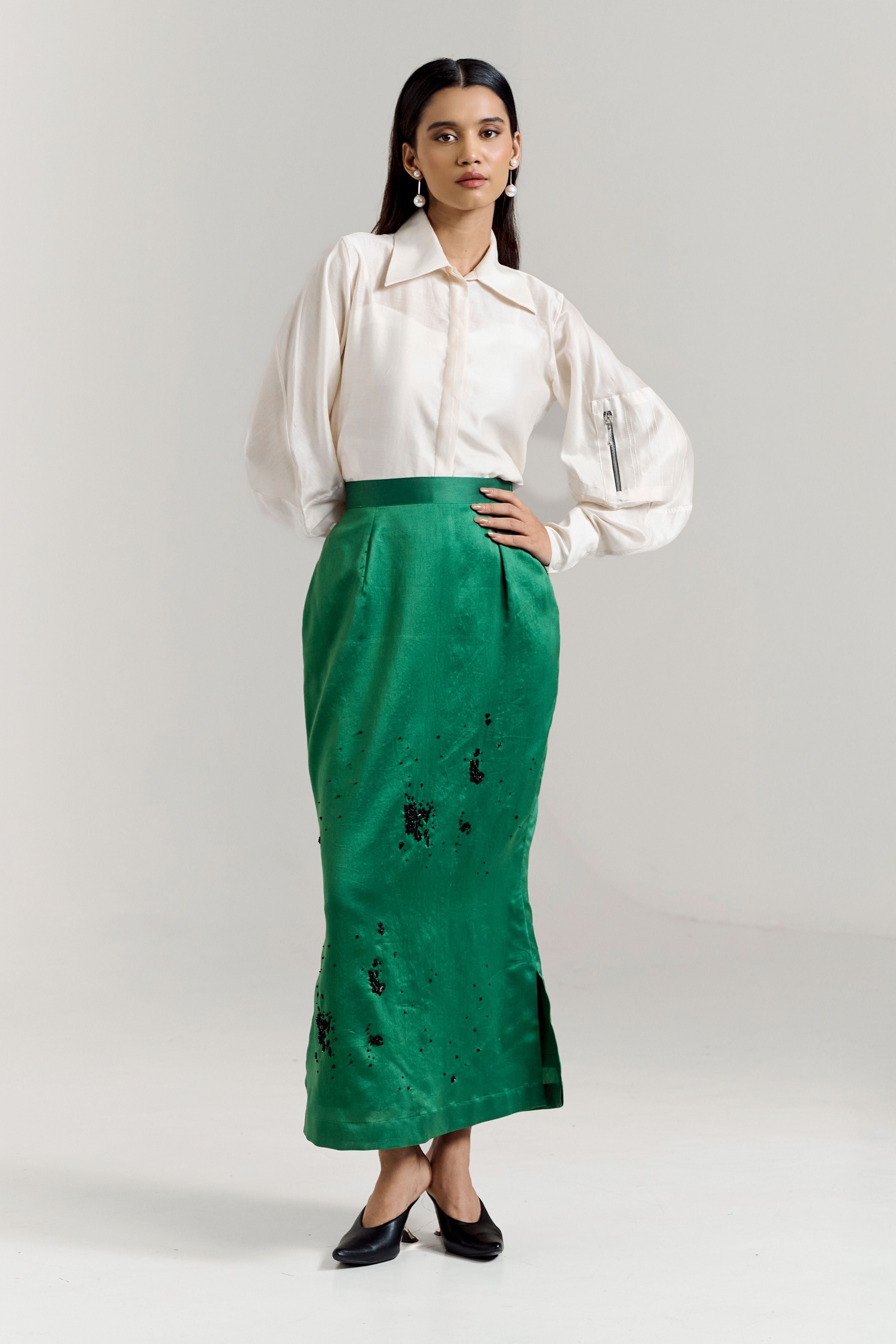 White Green Zipper Shirt Coord