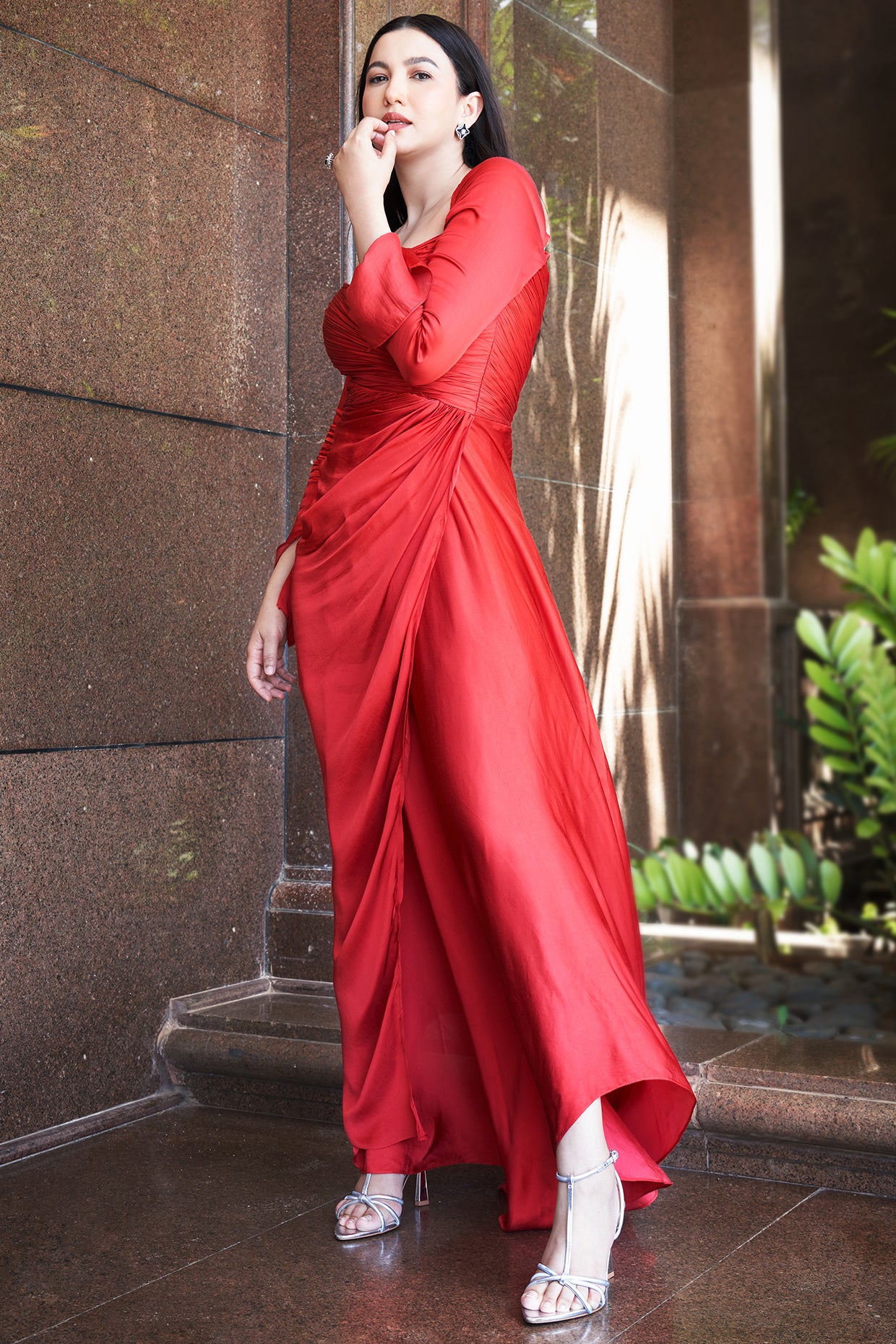 Gauhar Khan in Red Satin Dress
