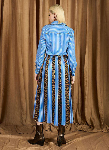 Pleated Striped & Leopard Skirt