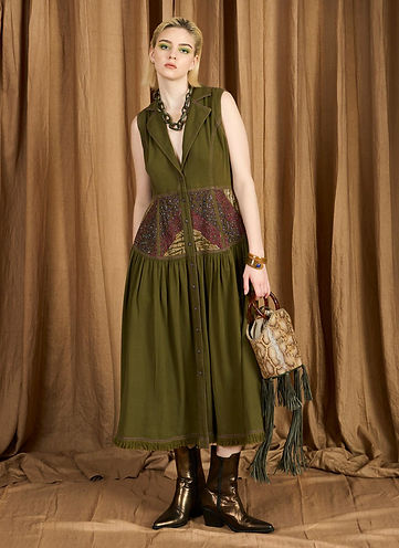 The Washed Denim Embroidered Yoke Long Dress