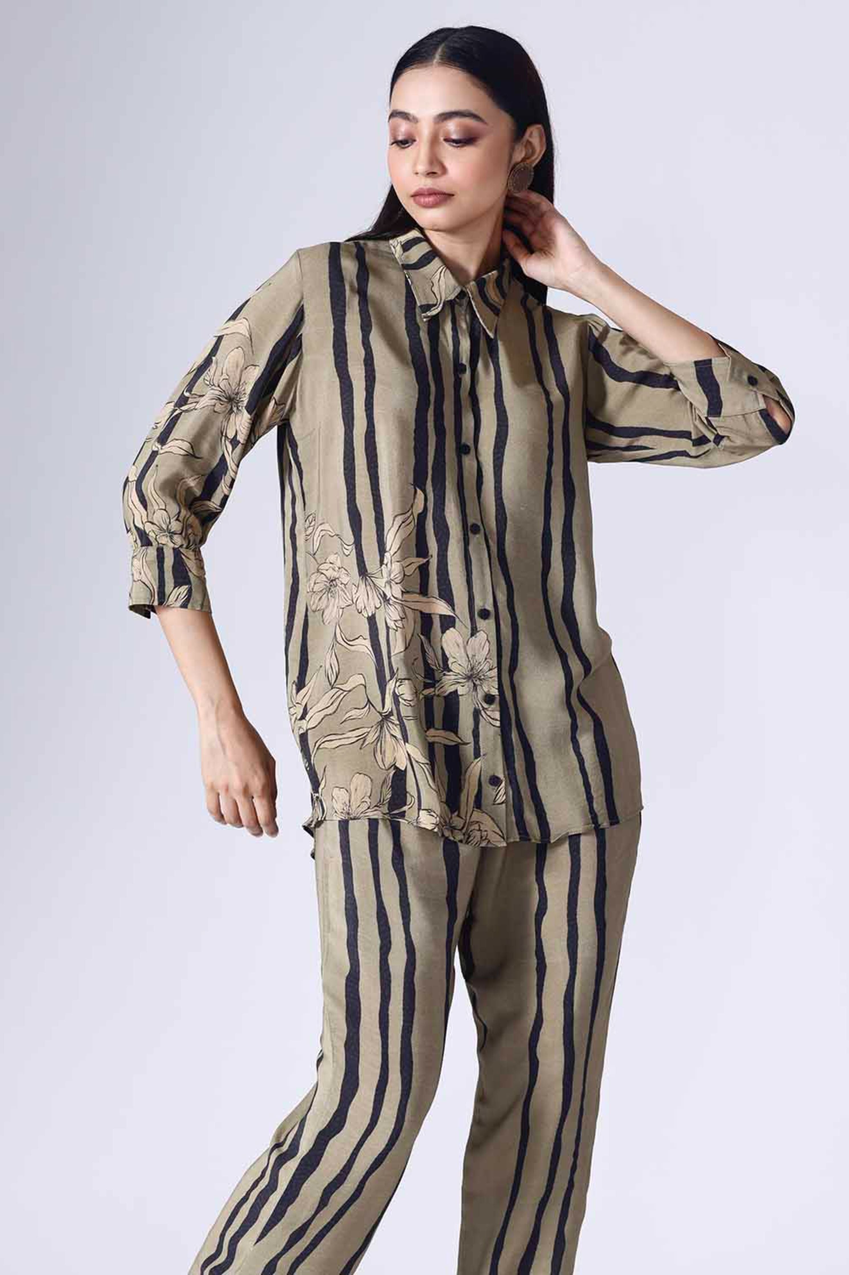 Floral Stripe Olive Co-Ord Set