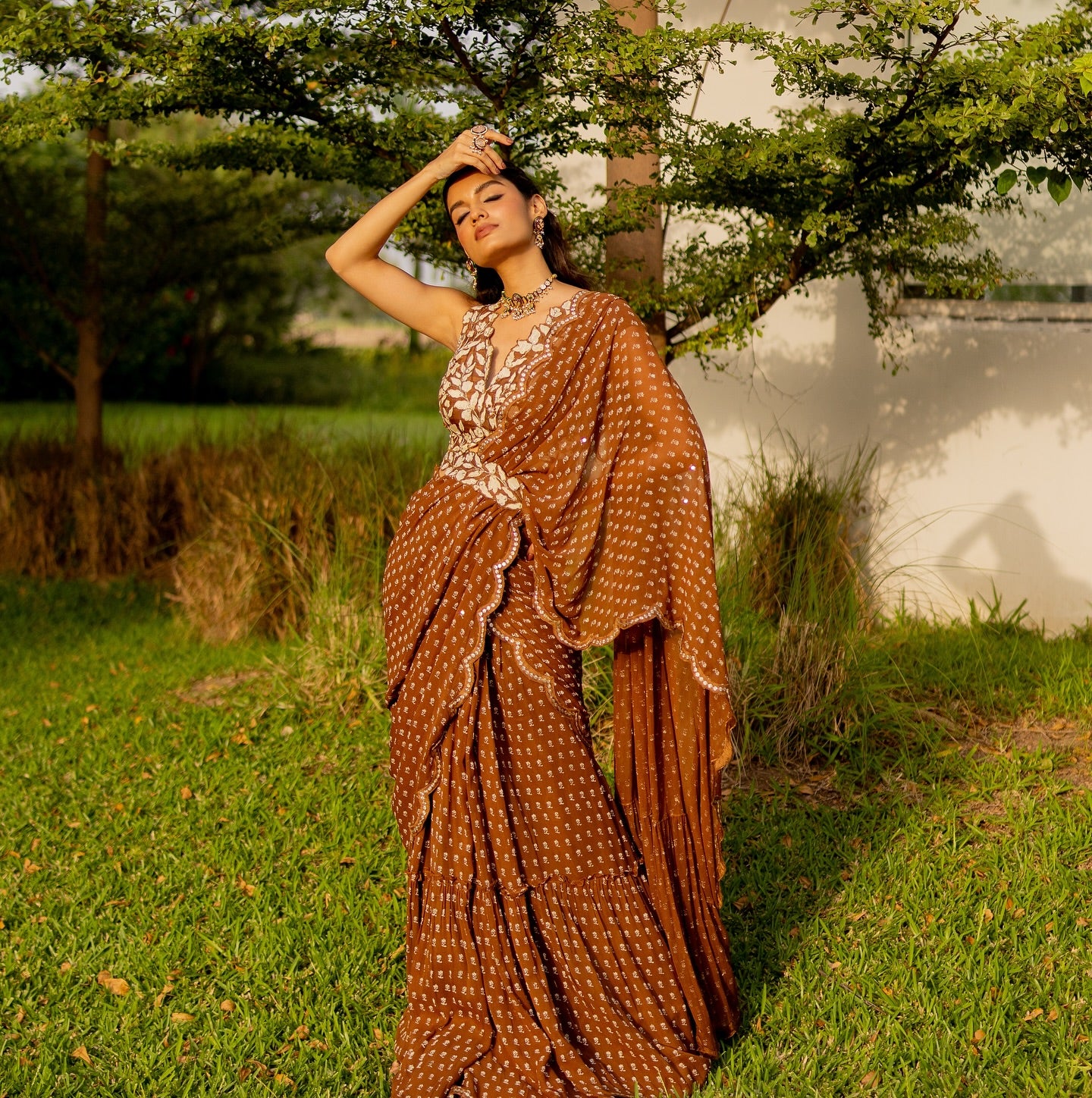 Cocoa Brown Georgette Draped Saree Set