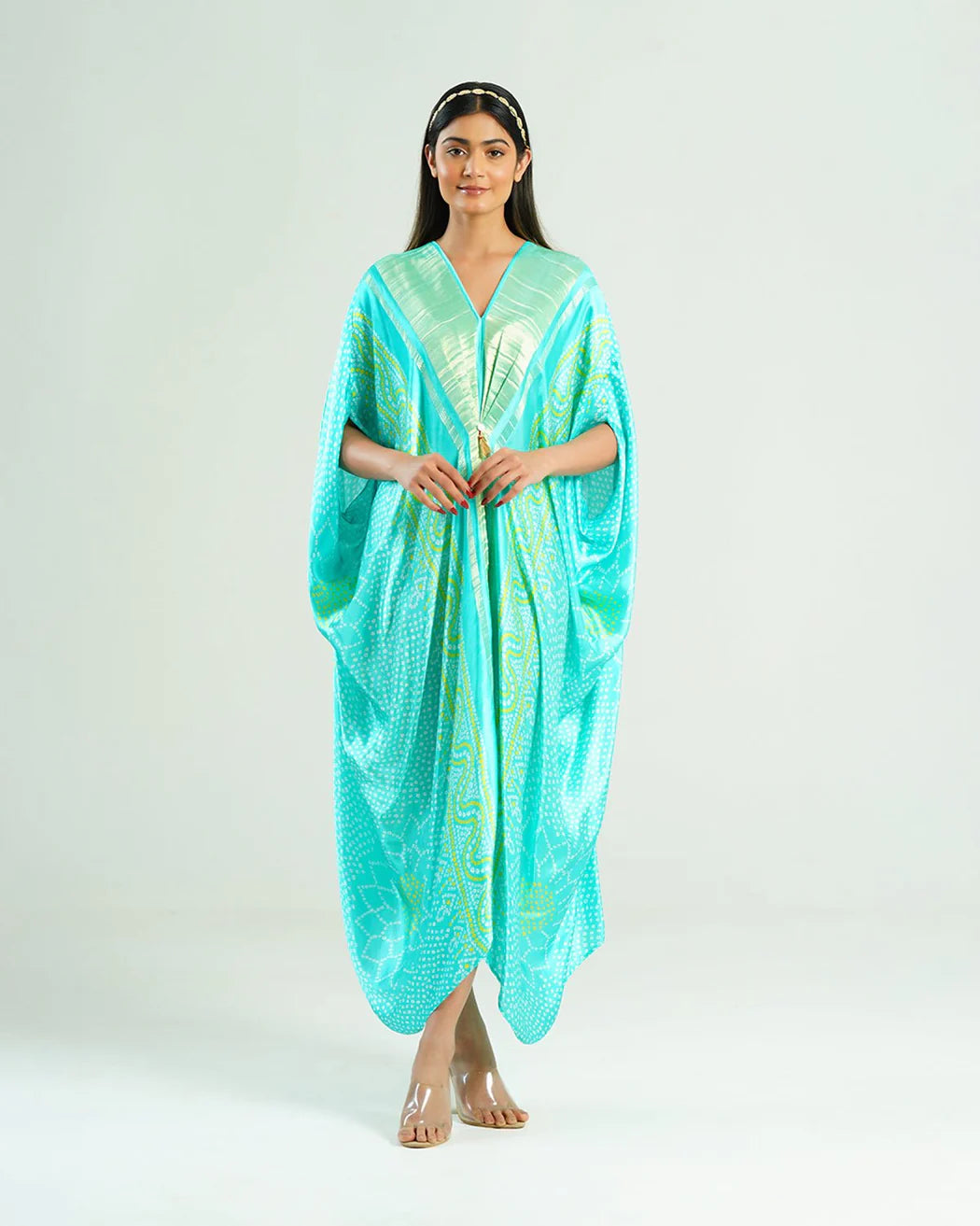 Bandhej Kaftan In Aquamarine & Gold