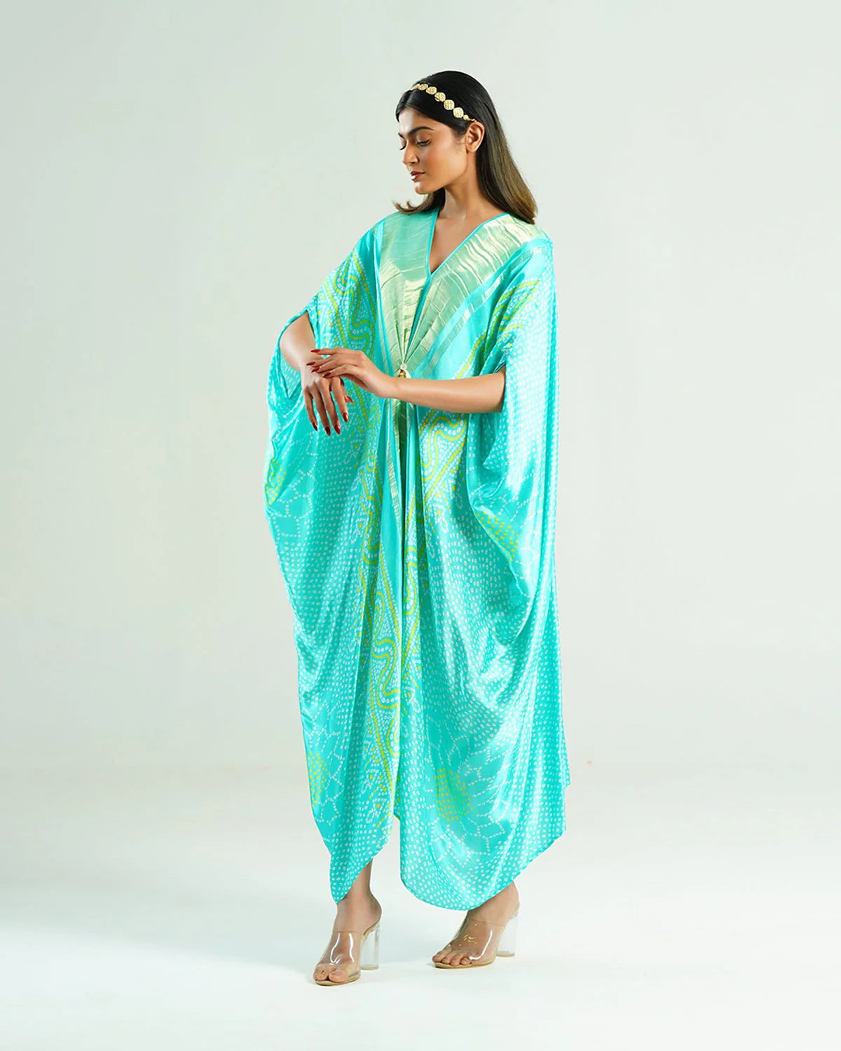 Bandhej Kaftan In Aquamarine & Gold