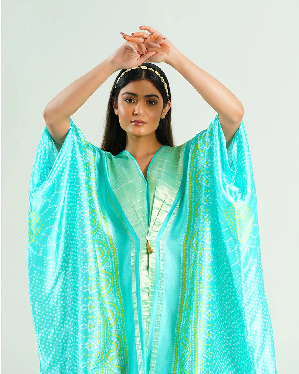 Bandhej Kaftan In Aquamarine & Gold