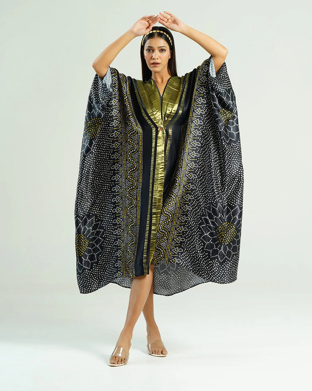 Bandhej Kaftan In  Black & Gold