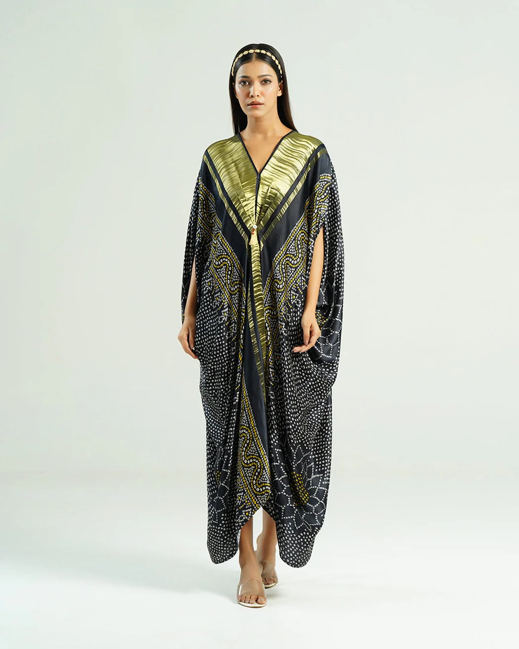 Bandhej Kaftan In  Black & Gold