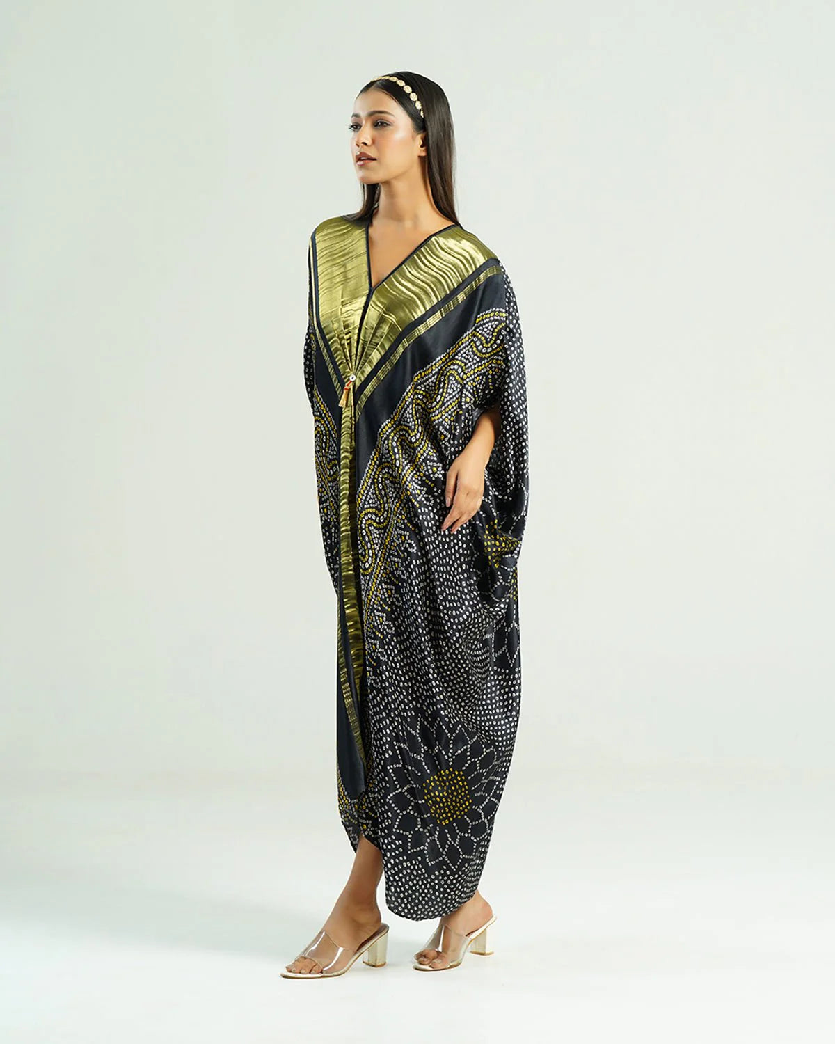 Bandhej Kaftan In  Black & Gold