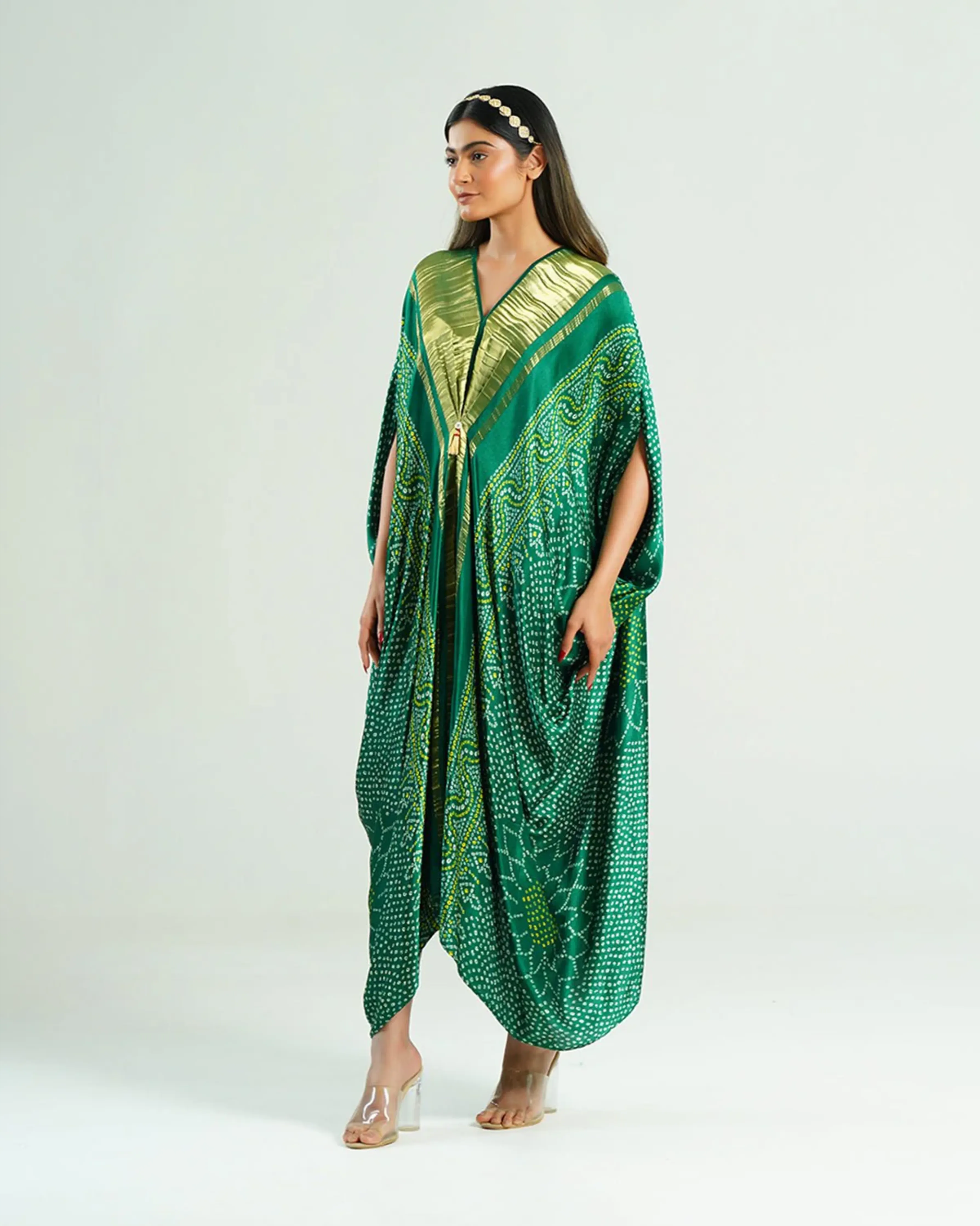 Kaftan Bandhej  Emerald Green Gold