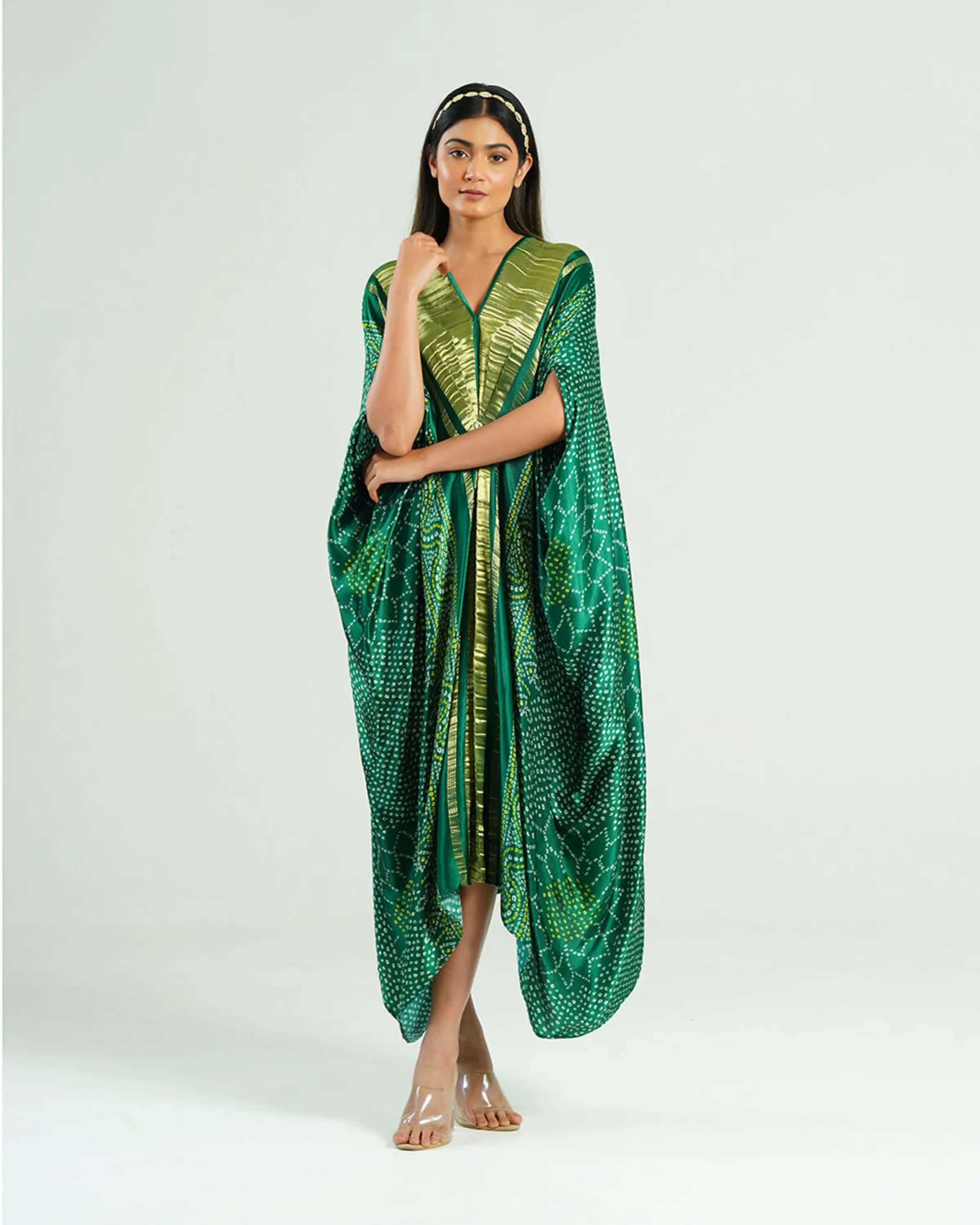 Kaftan Bandhej  Emerald Green Gold