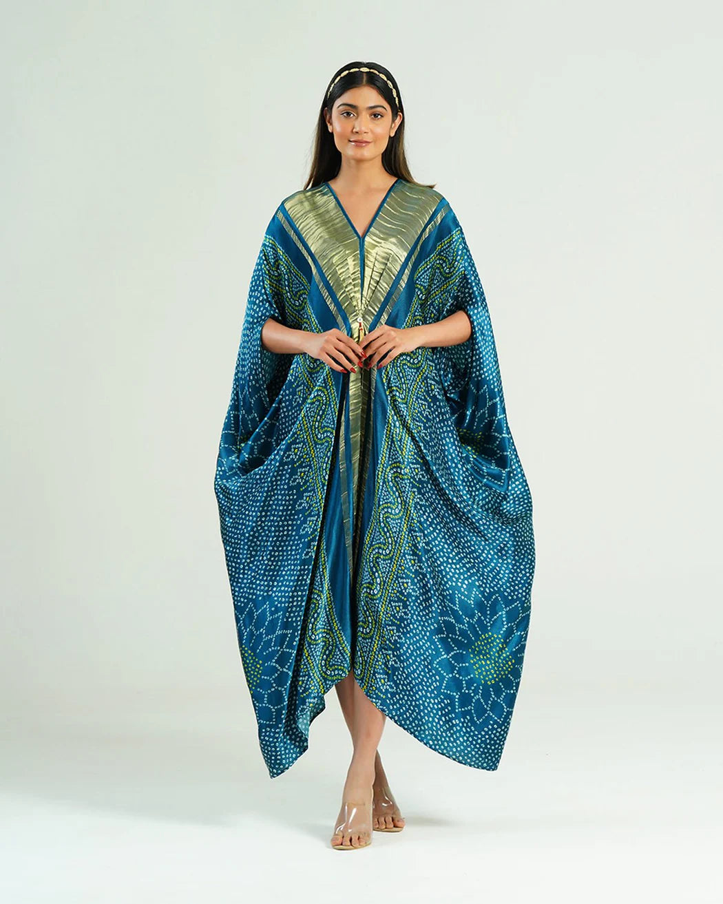 Bandhej Kaftan In Teal Blue &  Gold