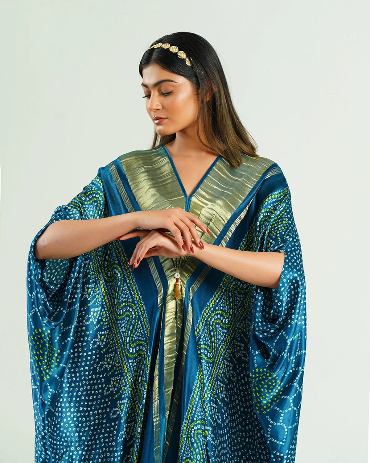 Bandhej Kaftan In Teal Blue &  Gold