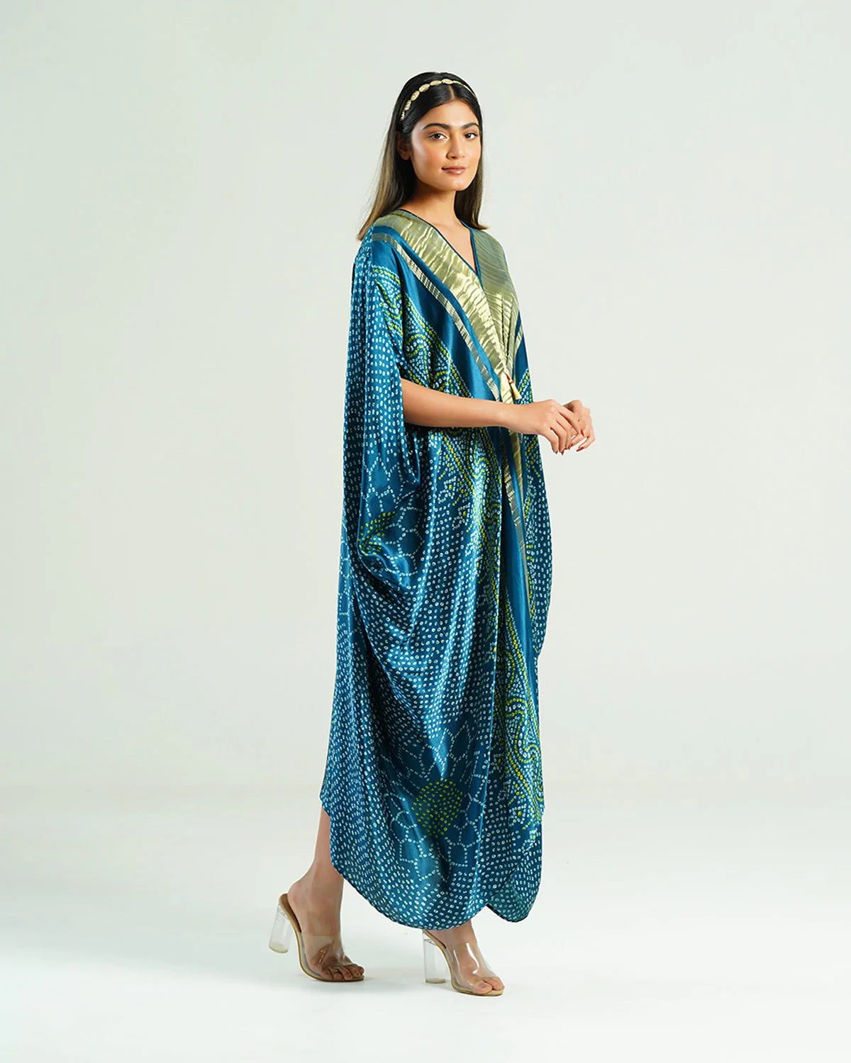 Bandhej Kaftan In Teal Blue &  Gold