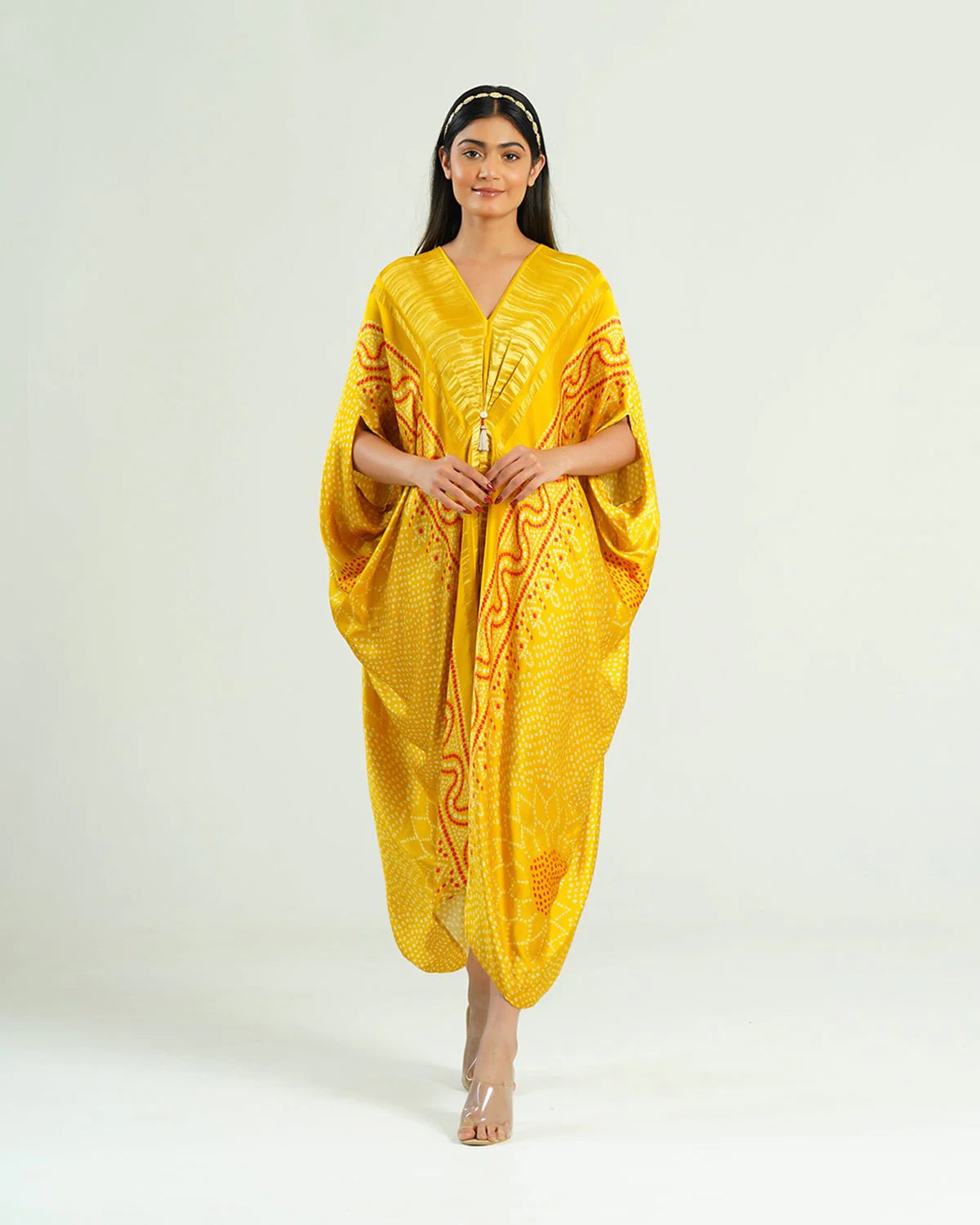 Bandhej Kaftan In Yellow  & Gold
