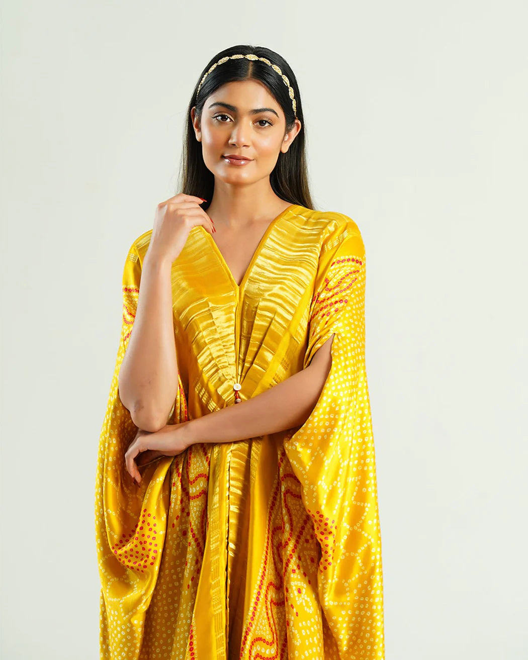 Bandhej Kaftan In Yellow  & Gold