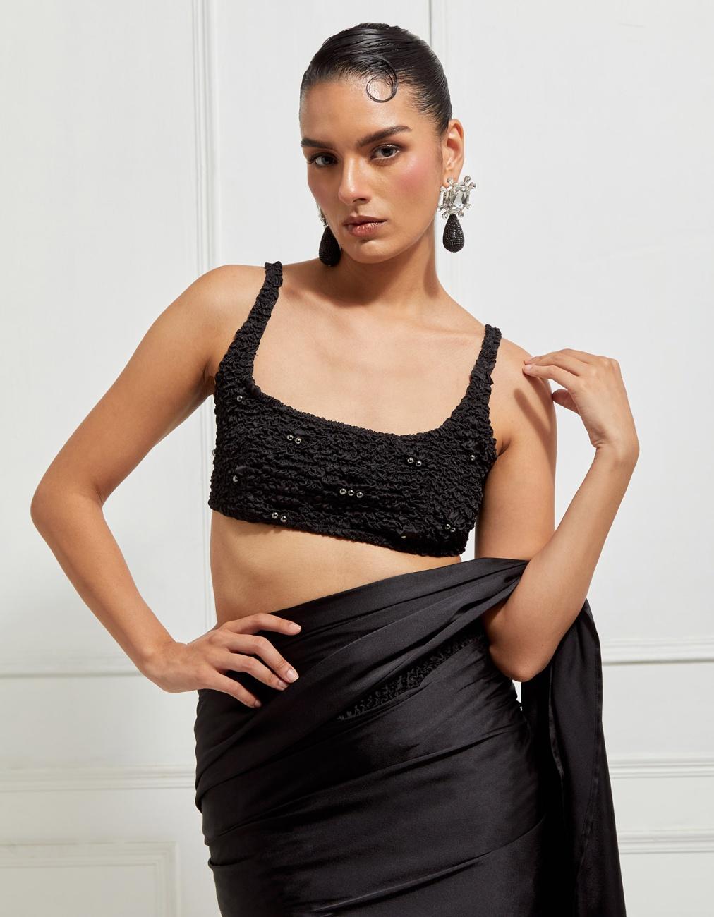 Square-Neck Smocked Bralette In Black