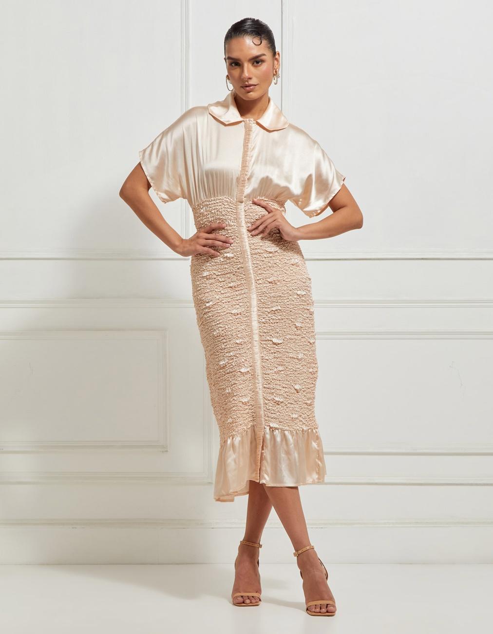 Body Con Winged Wave Smocked Dress In Beige