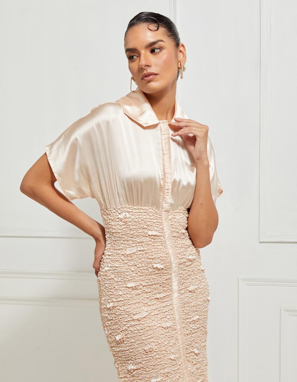 Body Con Winged Wave Smocked Dress In Beige