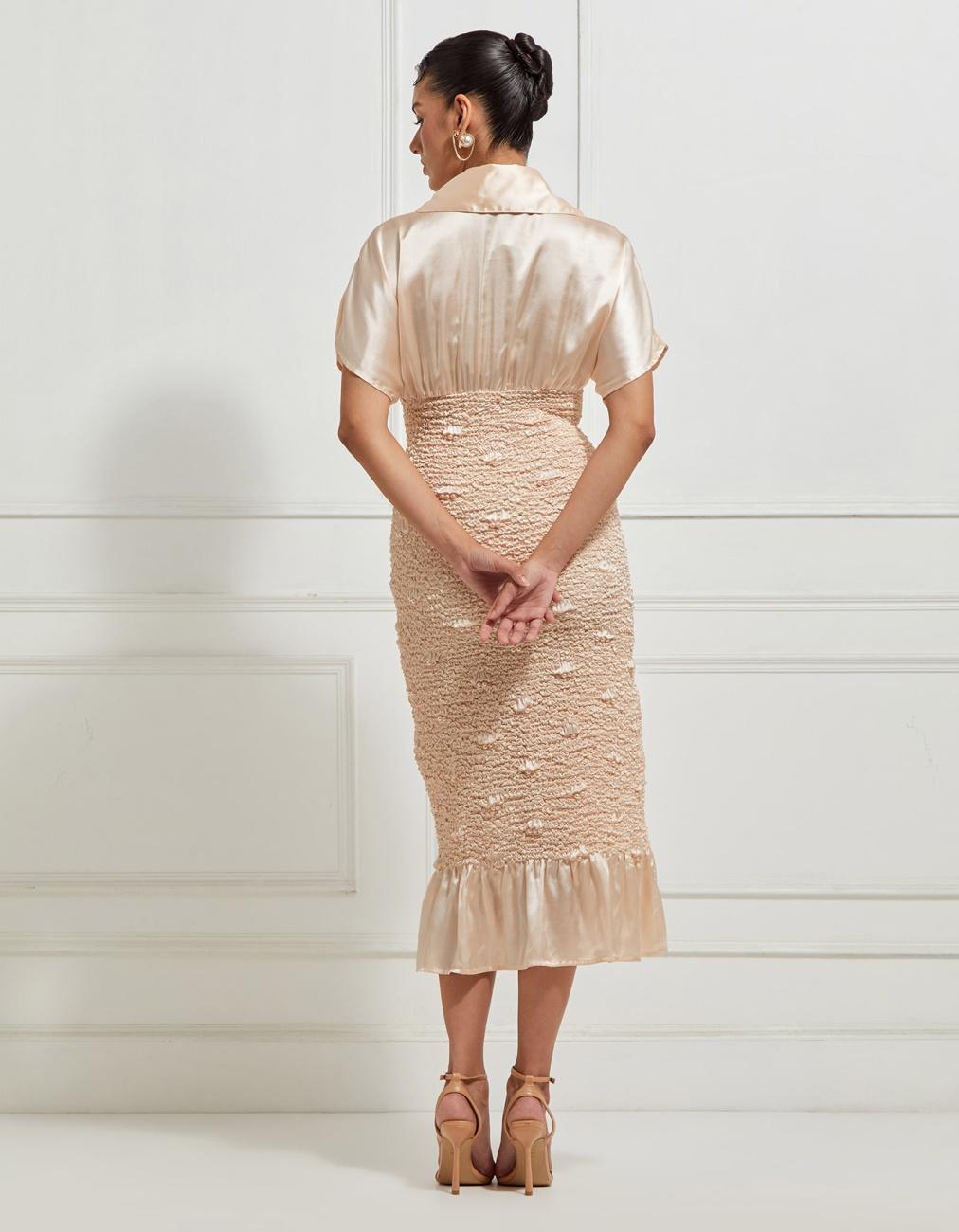 Body Con Winged Wave Smocked Dress In Beige