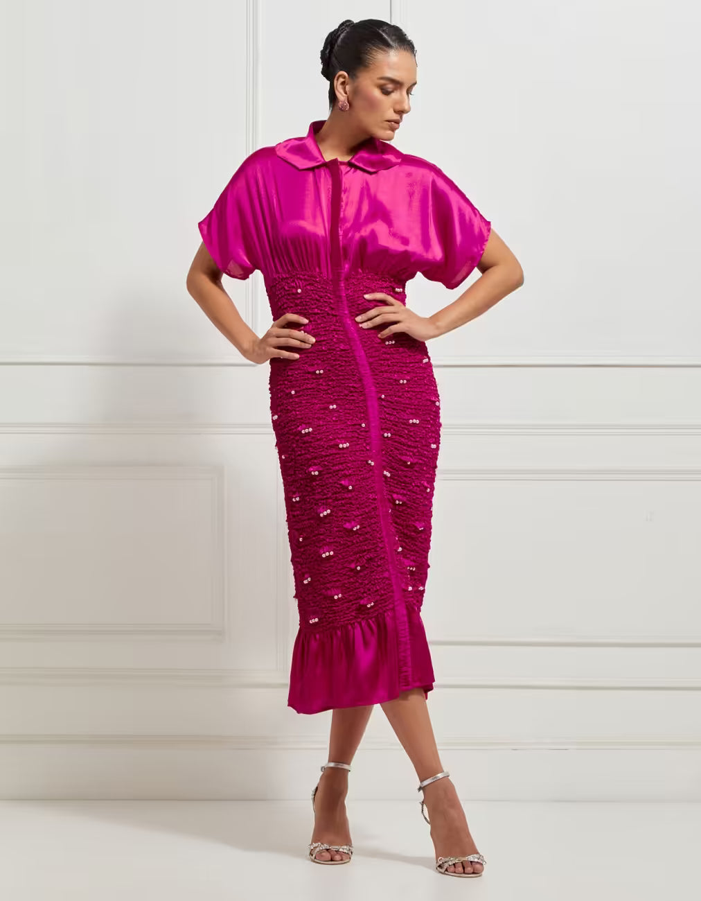 Body Con Winged Wave Smocked Dress In Pink