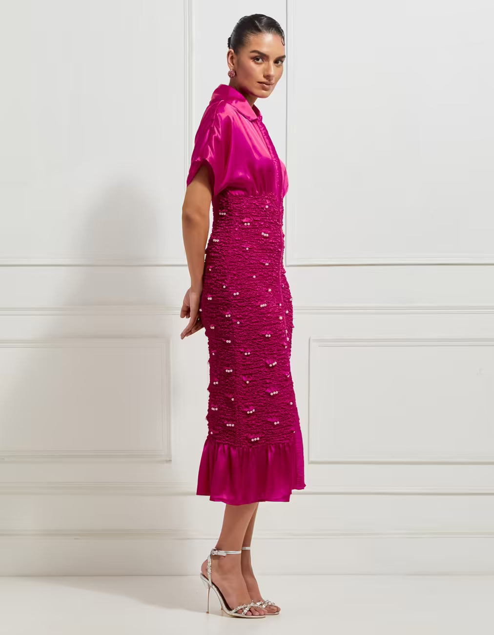 Body Con Winged Wave Smocked Dress In Pink