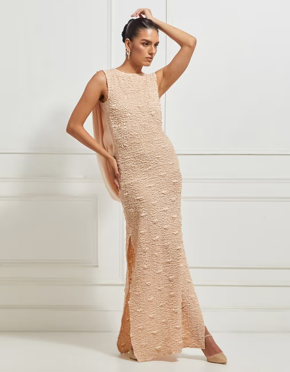 Sleeveless Backless Satin Gown In Beige