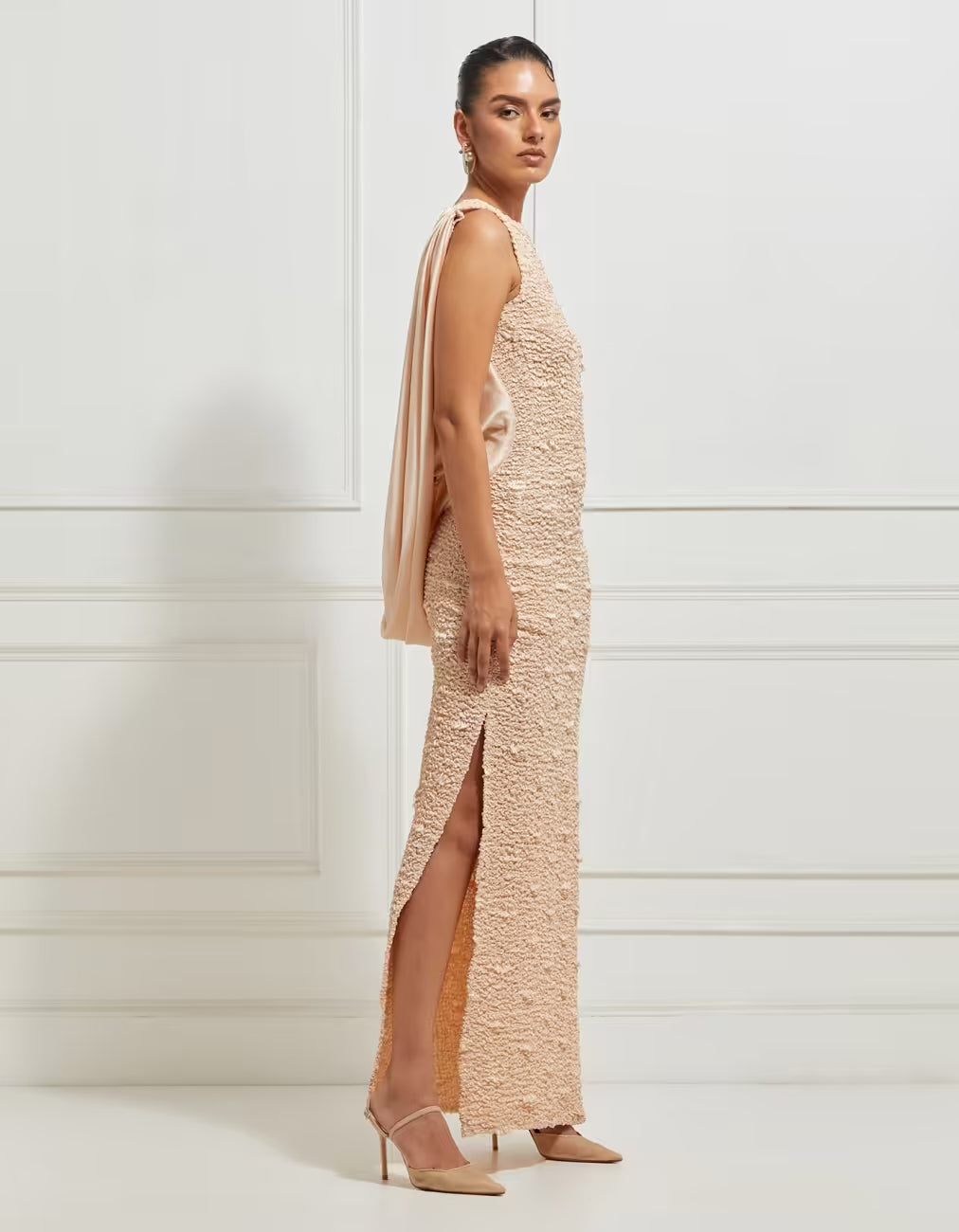 Sleeveless Backless Satin Gown In Beige