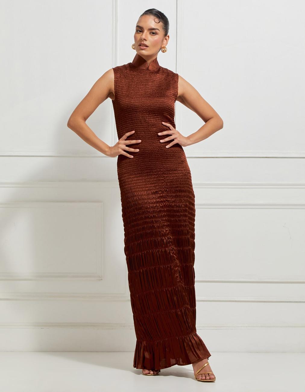 Central Gathered Scale Smocked Mandarin Collar Dress In Brown