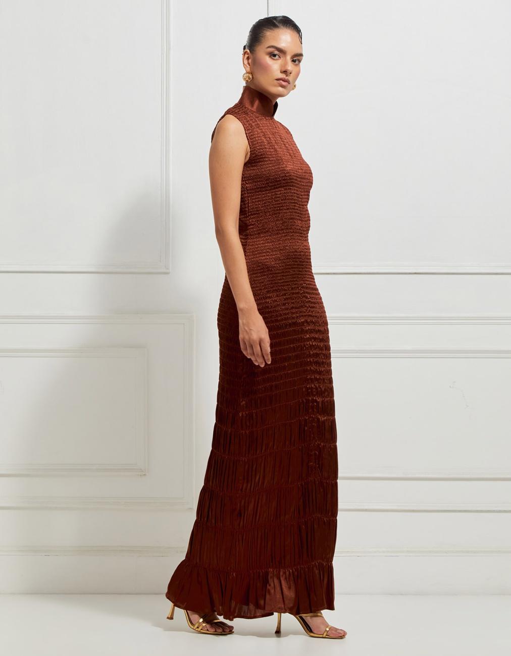 Central Gathered Scale Smocked Mandarin Collar Dress In Brown