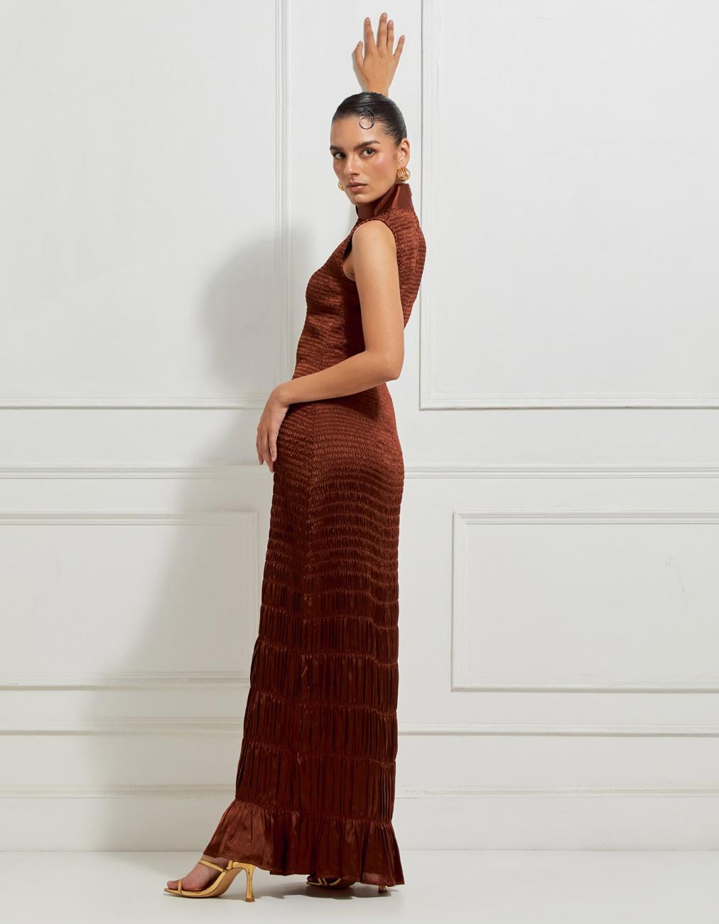 Central Gathered Scale Smocked Mandarin Collar Dress In Brown