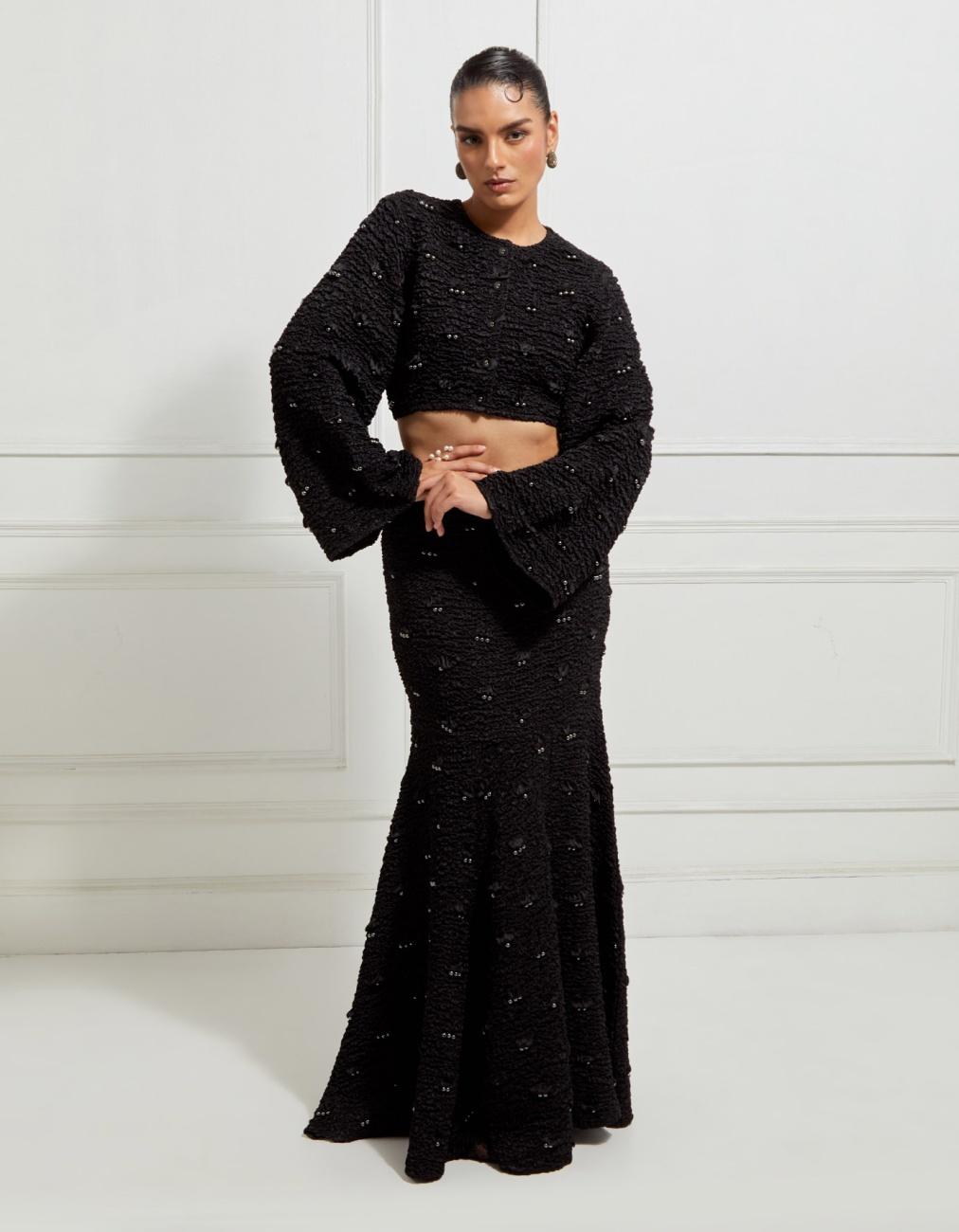 Wave-Smocked Cropped Long Sleeved Jacket In Black