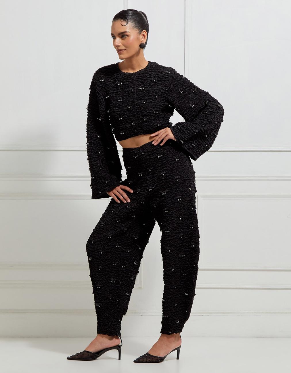 Wave-Smocked Cropped Long Sleeved Jacket In Black