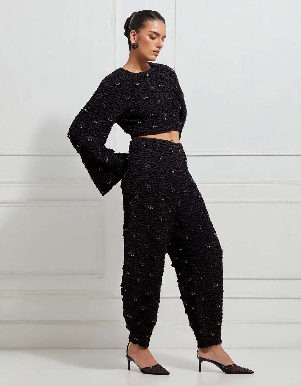 Wave-Smocked Cropped Long Sleeved Jacket In Black