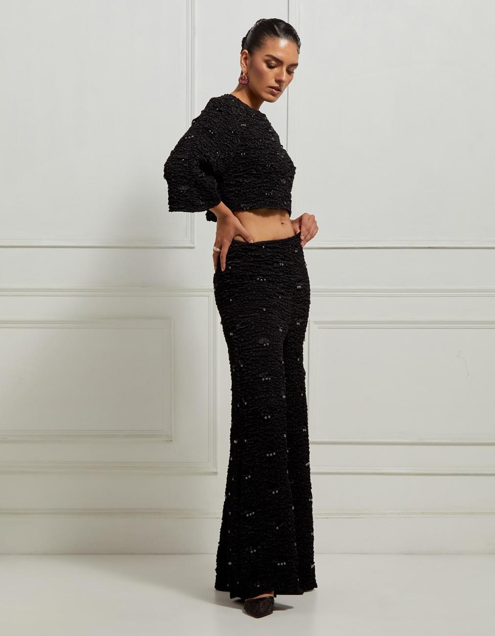 Wave-Smocked Cropped Short Sleeved Jacket In Black