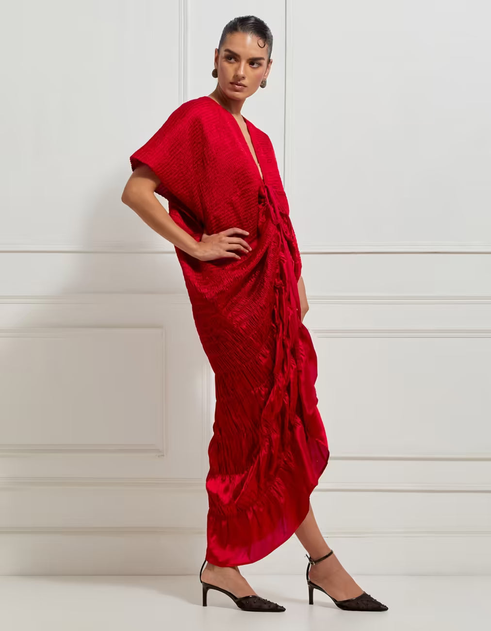 Sculptural Scale Smocked Kaftan Dress In Red