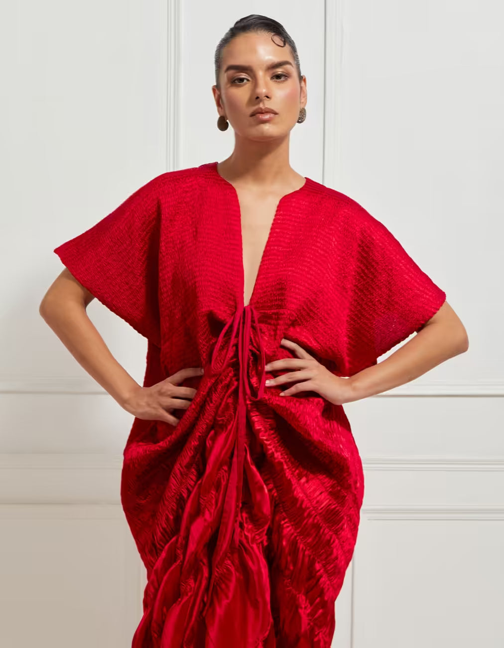 Sculptural Scale Smocked Kaftan Dress In Red