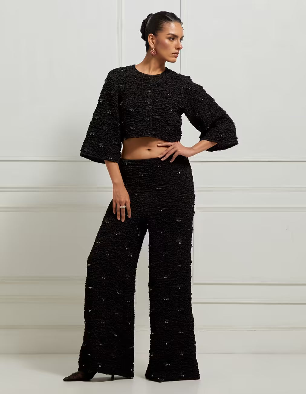 Wide-Leg Smocked Satin Pants In Black