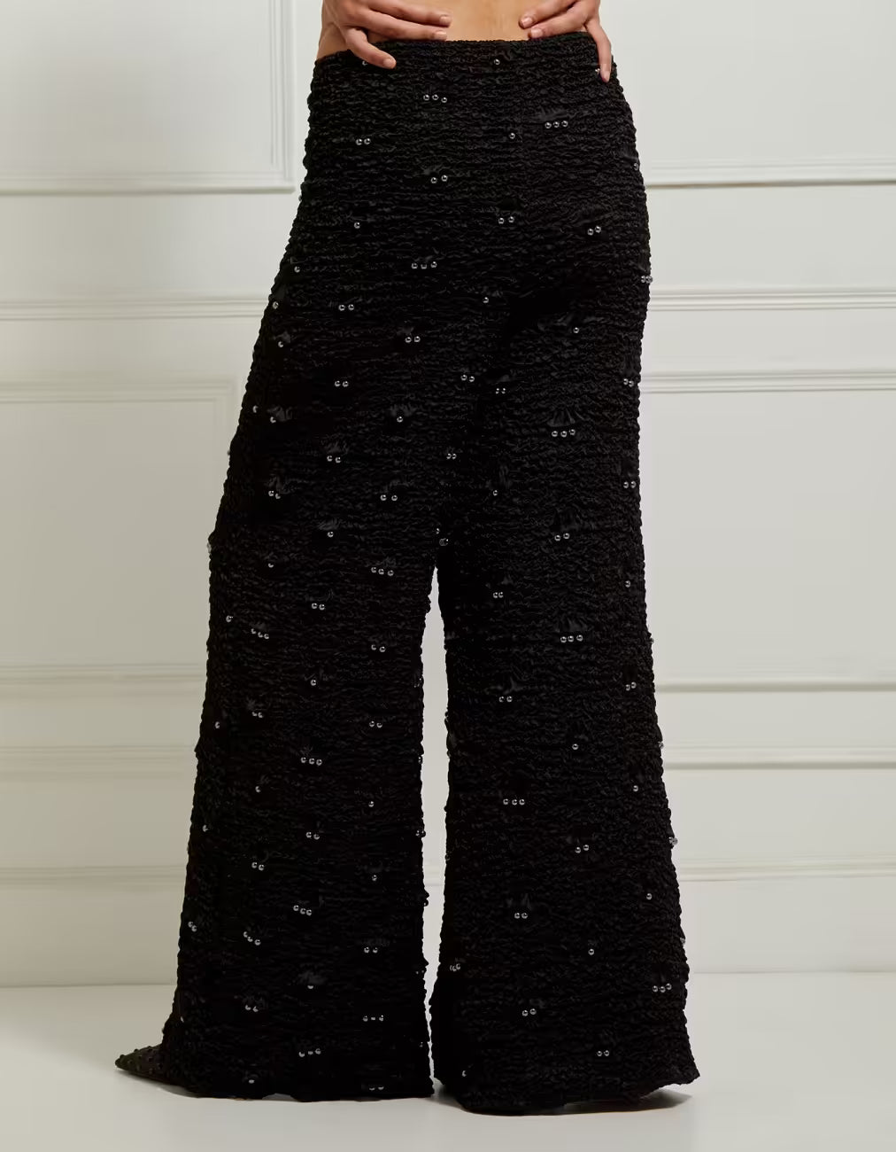Wide-Leg Smocked Satin Pants In Black